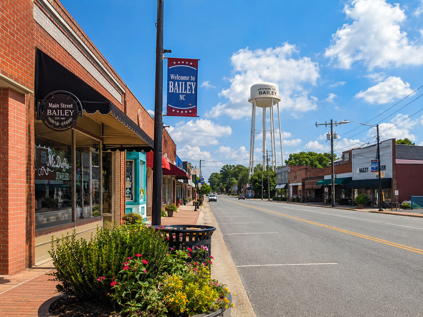 Downtown Bailey, North Carolina, with brick storefronts, local businesses, a welcome banner, and the Bailey water tower.