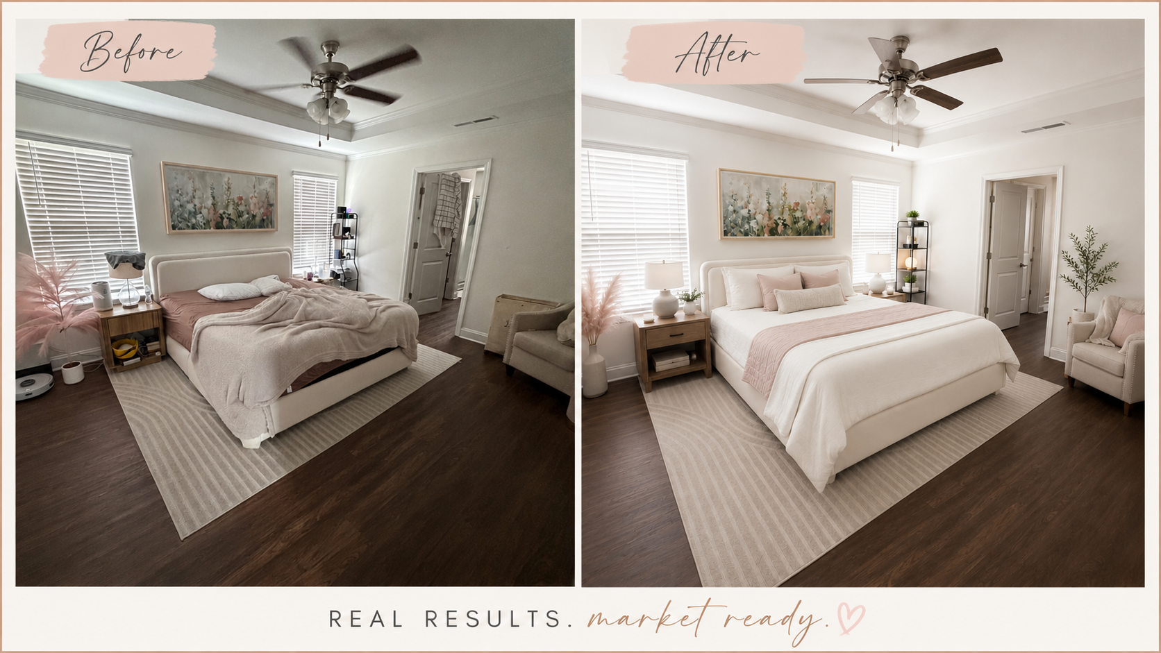 Before-and-after comparison of a Raleigh bedroom transformed from an unmade, cluttered space into a bright, professionally staged room.