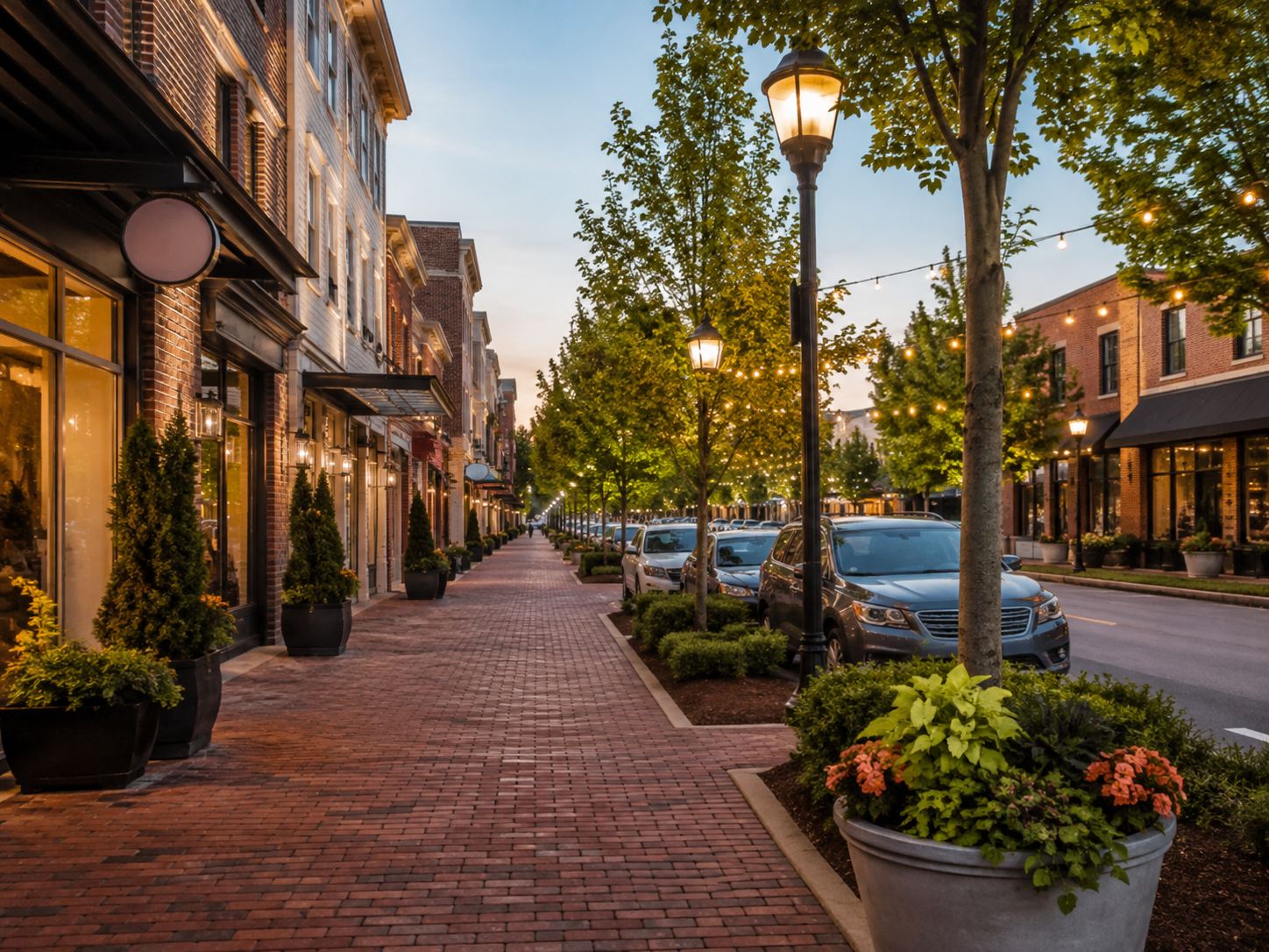 Downtown-style streetscape in the Greater Triangle area of North Carolina, representing local shopping, dining, and community lifestyle.