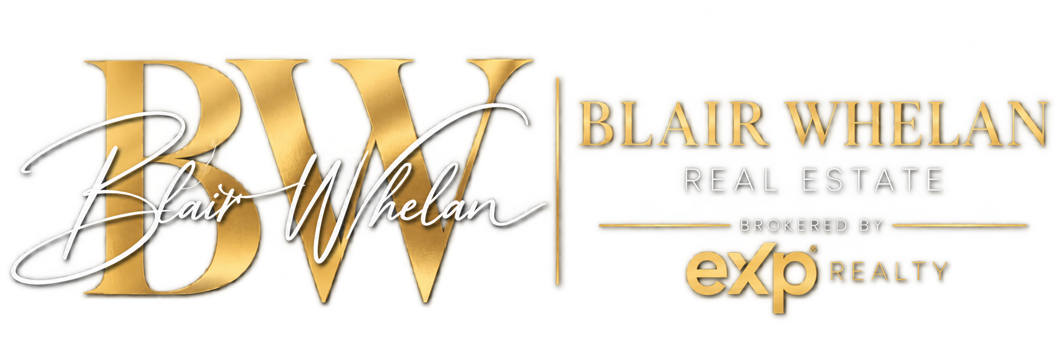 Logo for Blair Whelan real estate, broked by EXP Realty. Features large gold letters 'BW' with Blair Whelan's signature overlay, and black, gold, and gray text.