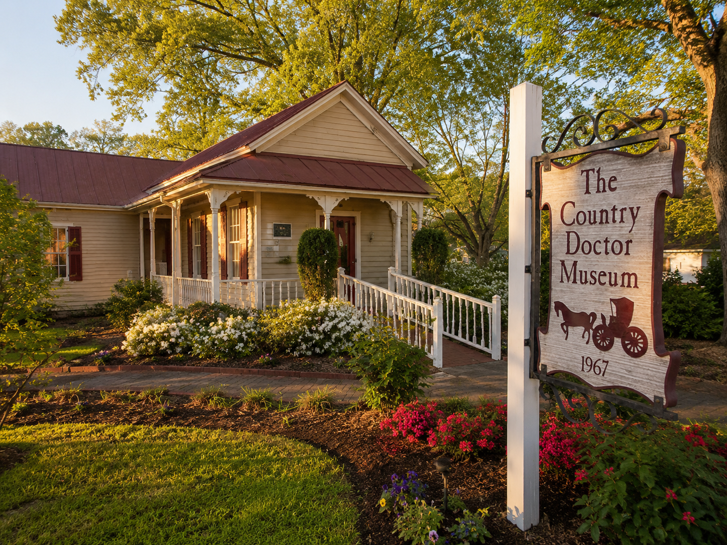 The Country Doctor Museum in Bailey, North Carolina, with its historic house, landscaped grounds, and entrance sign.