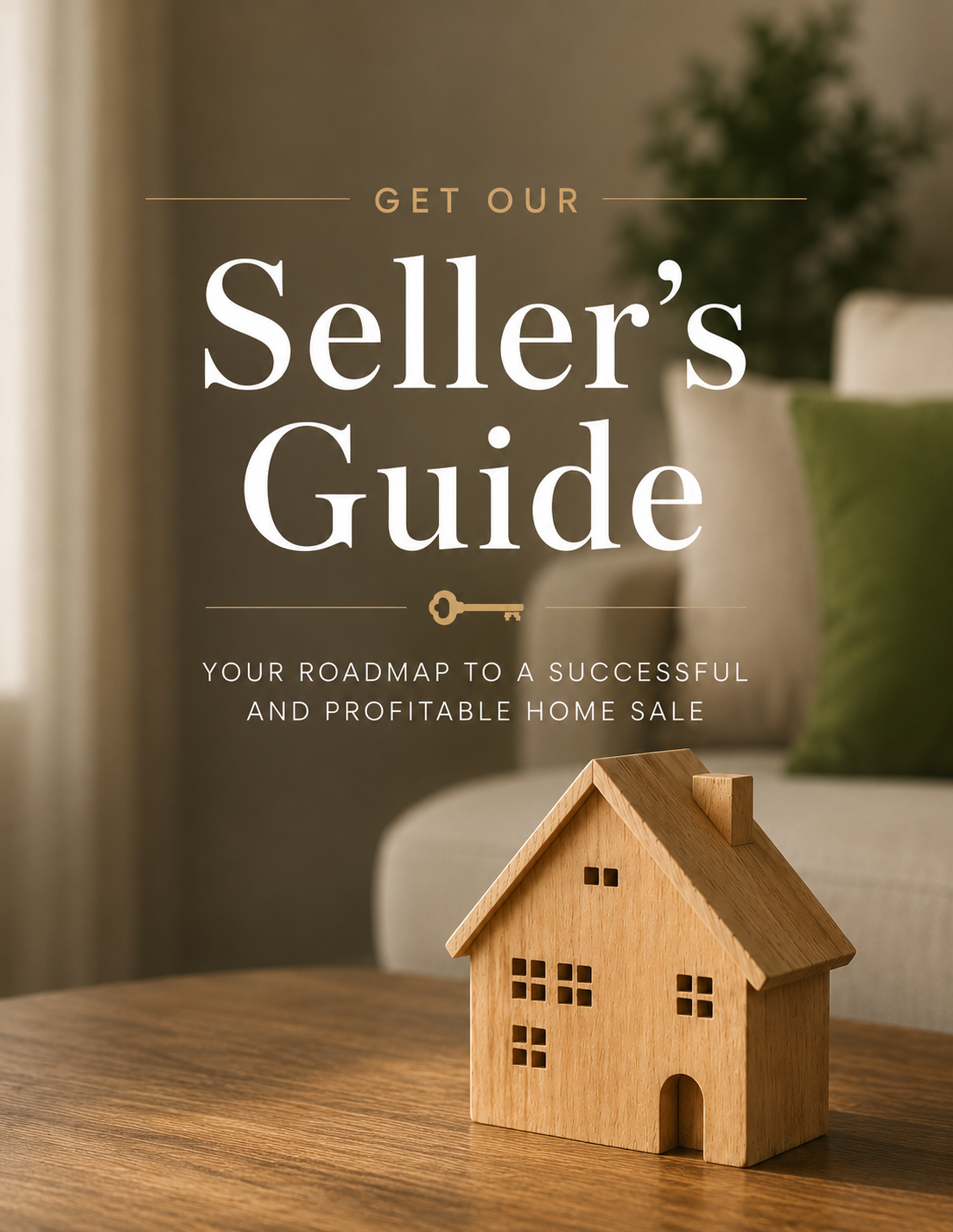 Book cover titled 'Get Our Seller's Guide' with a subtitle 'Your Roadmap to a Successful and Profitable Home Sale'. The cover features a small wooden house model on a wooden table in a cozy living room setting.