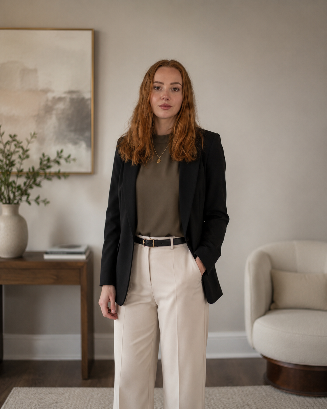 A woman with red hair dressed in a black blazer, khaki blouse, and beige pants standing indoors in a modern, minimally decorated room.