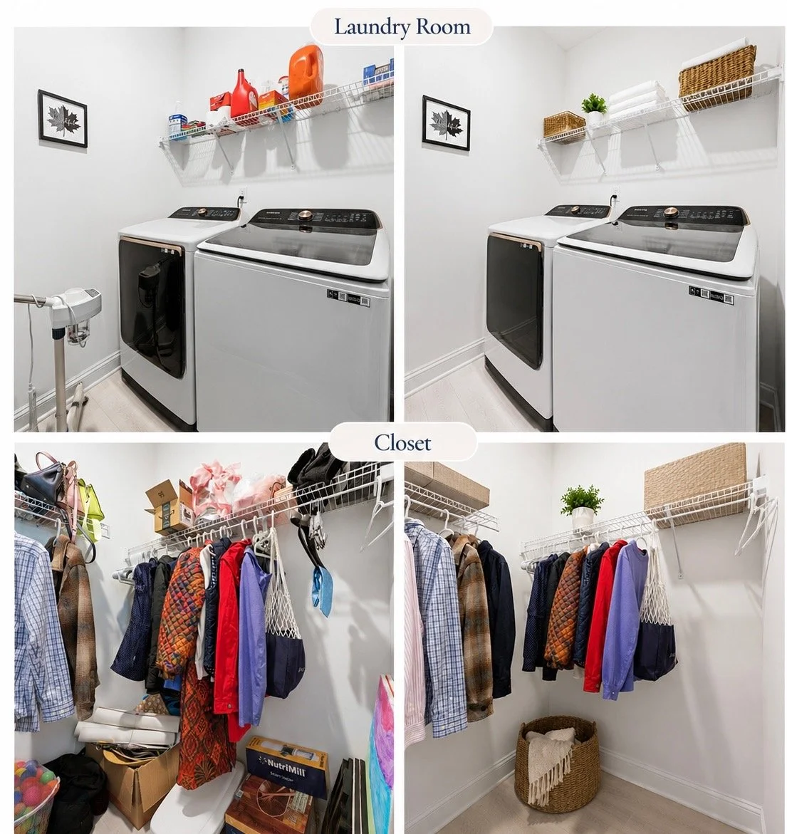 Before-and-after photos of a laundry room and closet showing how deep cleaning and decluttering help prepare a home for sale.