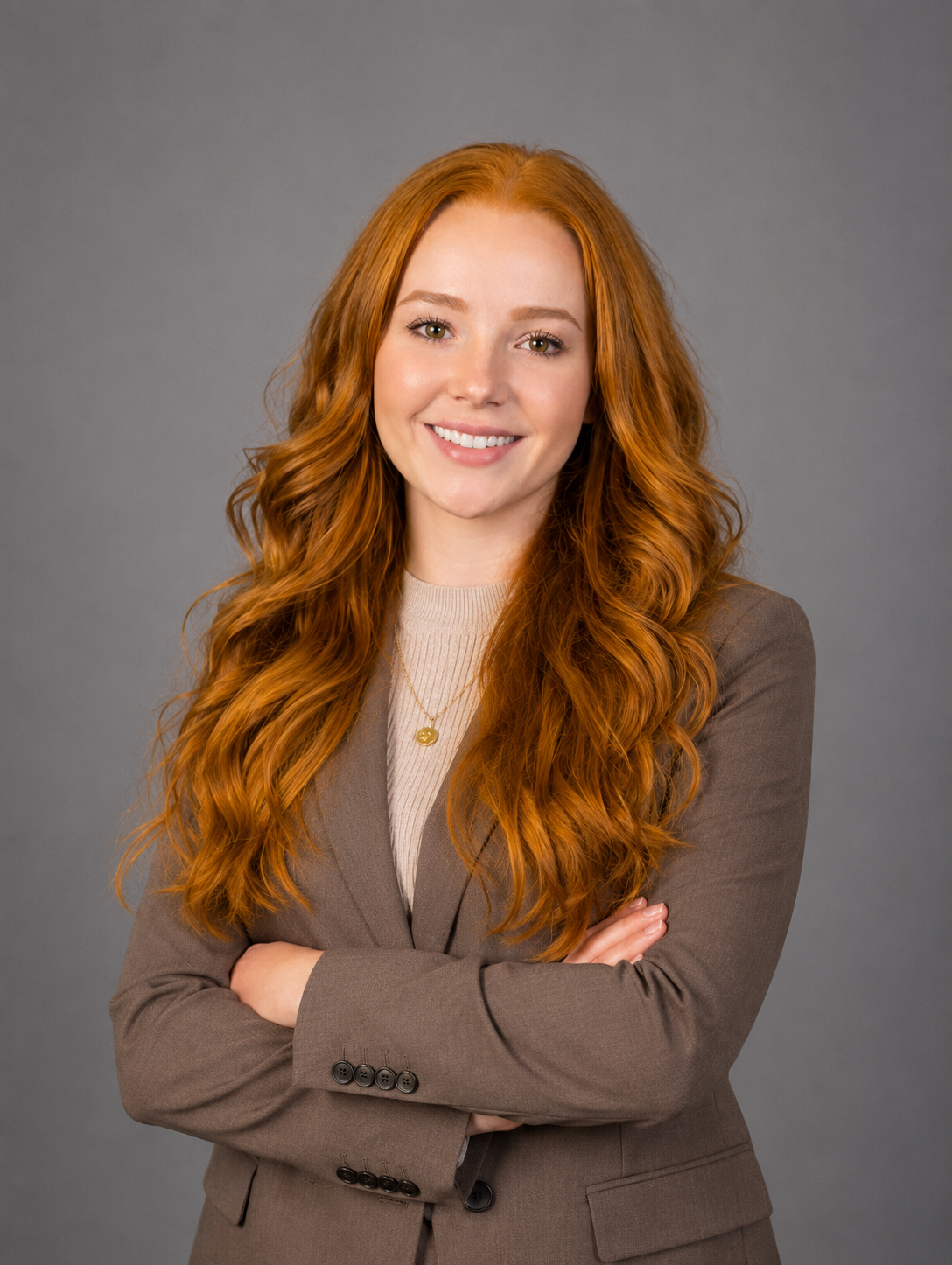A woman with long, wavy red hair in a business suit, smiling, standing with crossed arms against a gray background.