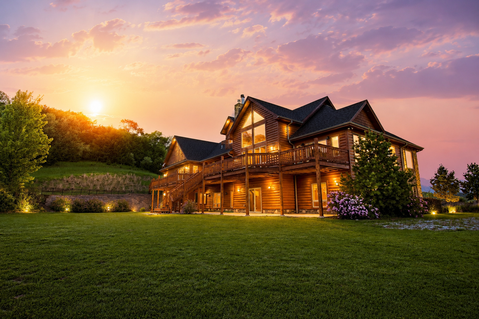 A large wooden house with a deck, illuminated by exterior lights, surrounded by a green lawn and trees at sunset, with a colorful sky and some clouds.