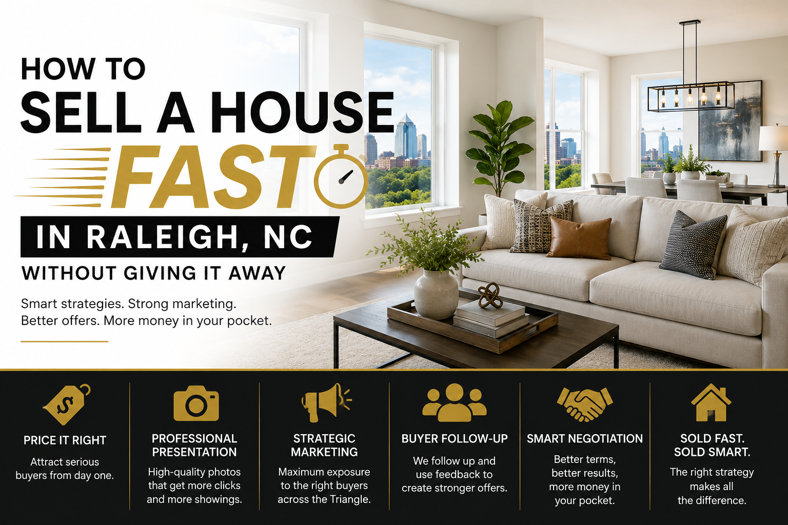 Guide to selling a house fast in Raleigh, North Carolina using strategic pricing, professional presentation, marketing, buyer follow-up, and negotiation.