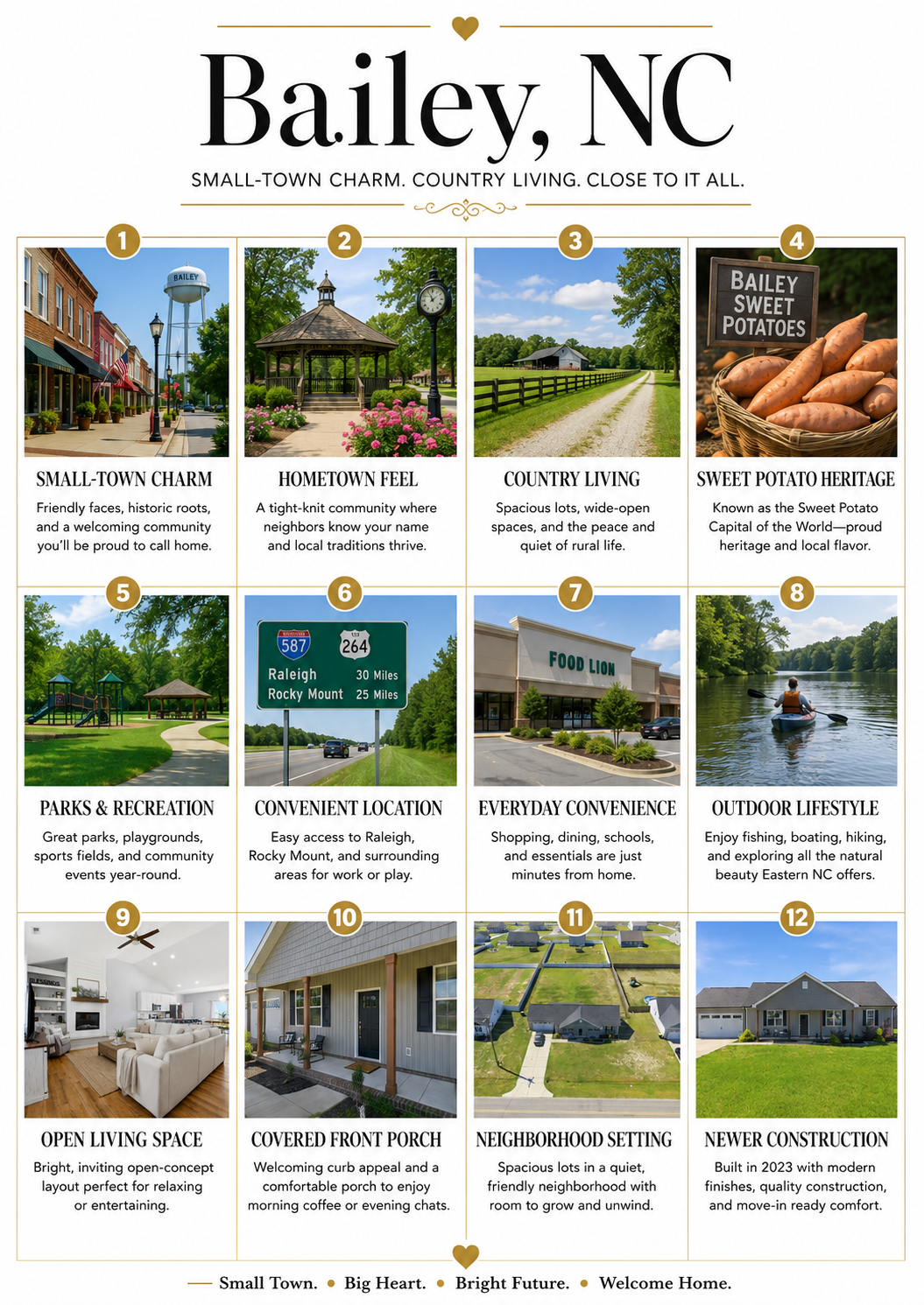 Bailey, NC community guide featuring small-town charm, country living, local amenities, outdoor recreation, and a newer-construction home.