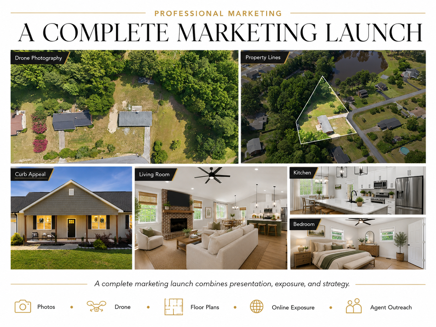 Real estate marketing launch graphic featuring drone photography, property lines, curb appeal, living room, kitchen, and bedroom images.