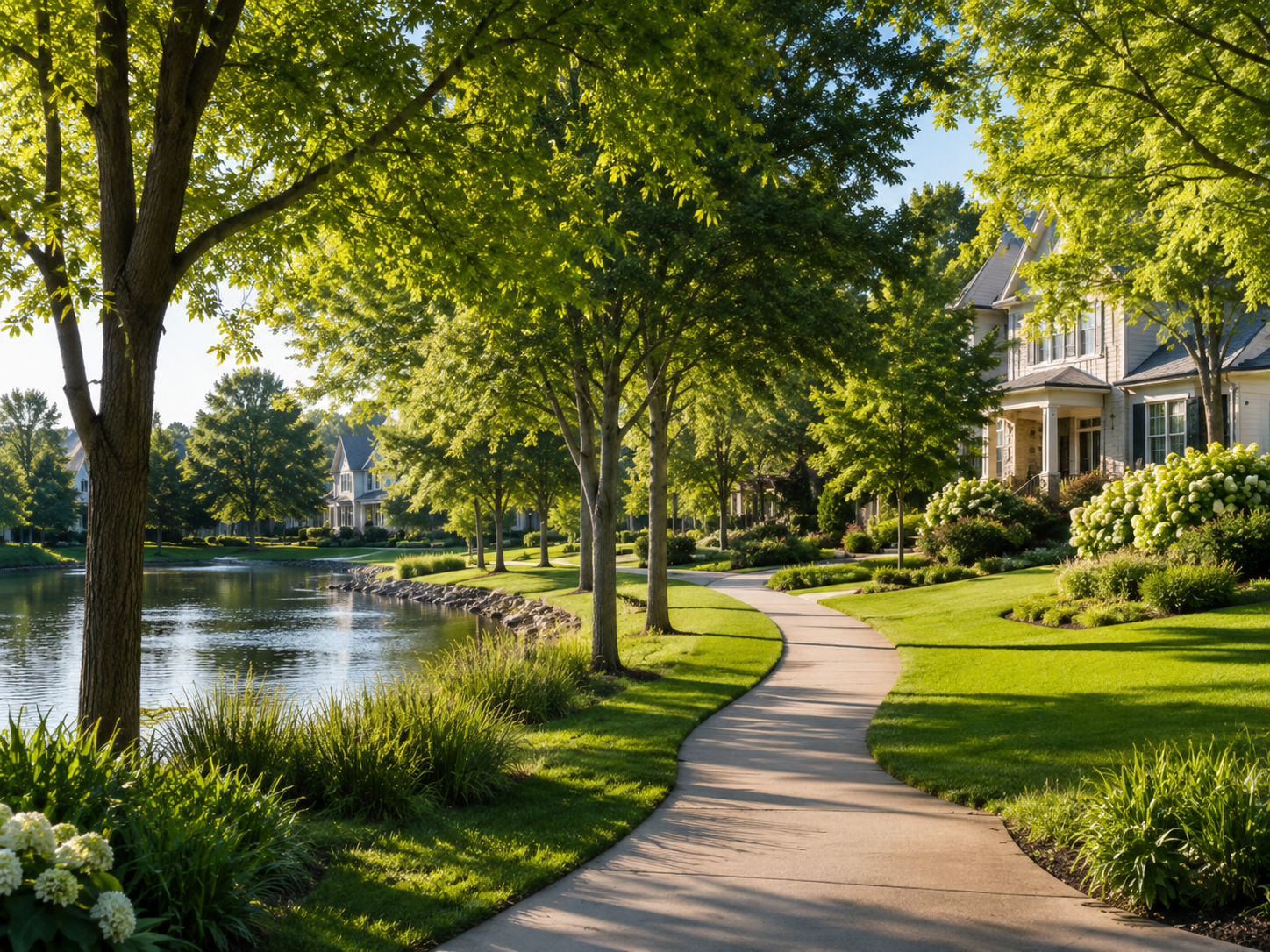 A residential neighborhood with houses, trees, and a walking path beside a pond on a sunny day.