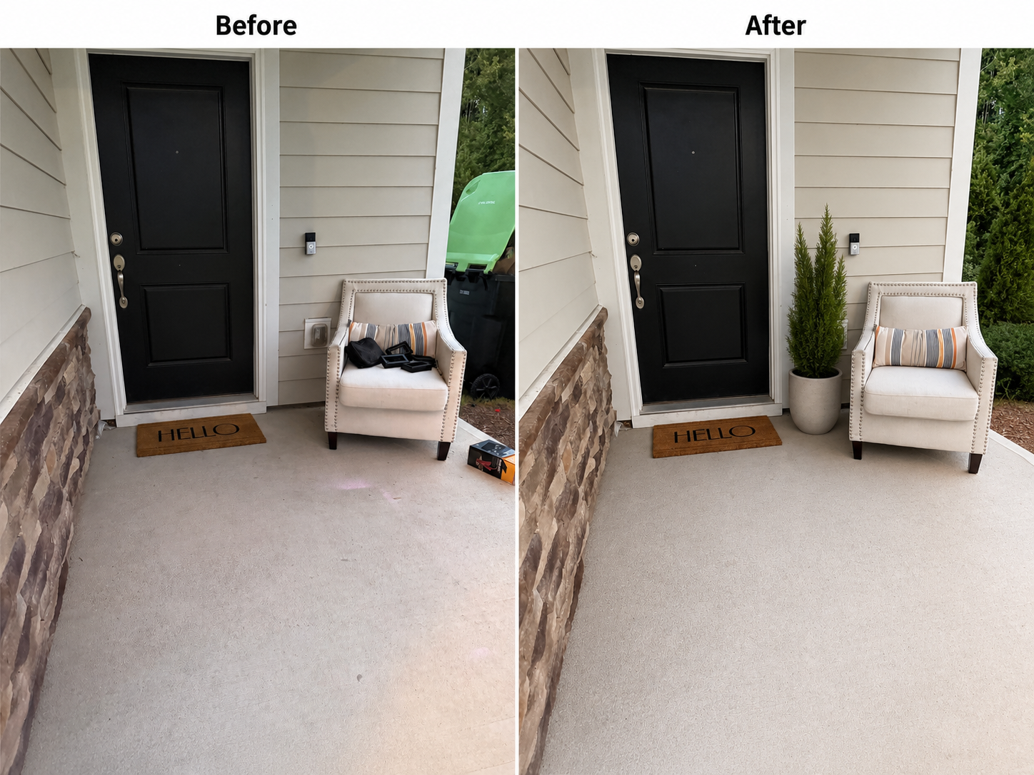 Before-and-after front porch photos showing clutter removed and a potted lemon cypress added beside the chair.