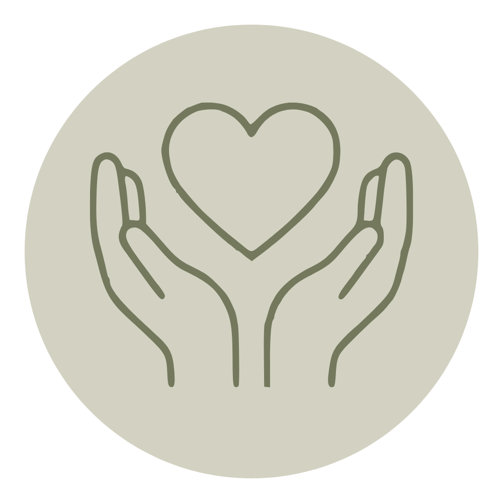 Outline drawing of two hands gently holding a heart inside a circular design.