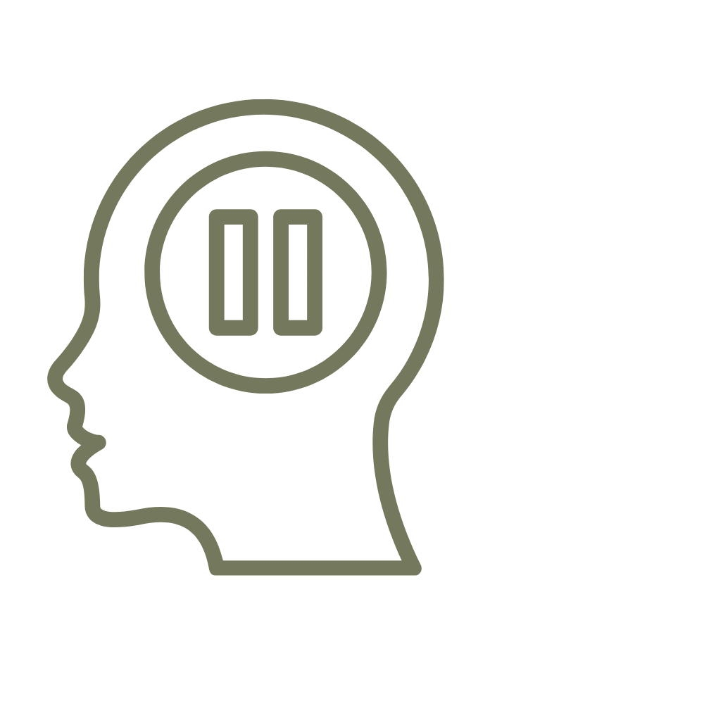 Outline of a human head with a pause symbol inside the brain area, representing mental focus or meditation.