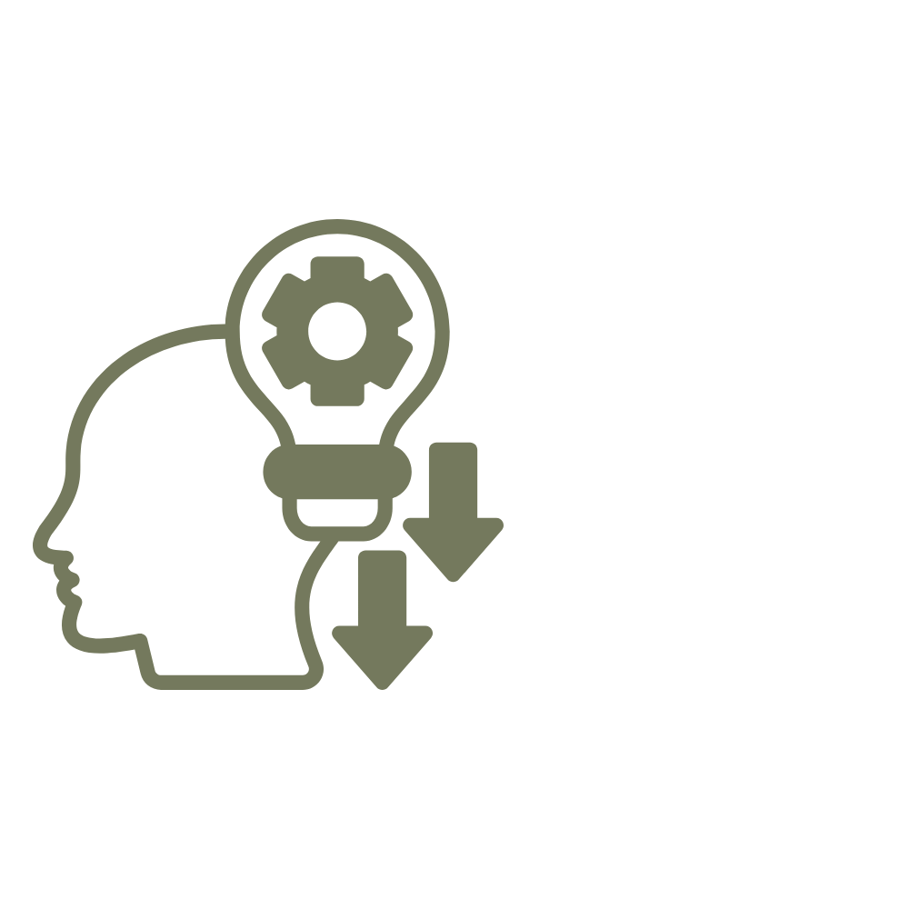 Outline of a human head with a gear inside it, connected to a lightbulb, and two downward arrows indicating analysis or processing.