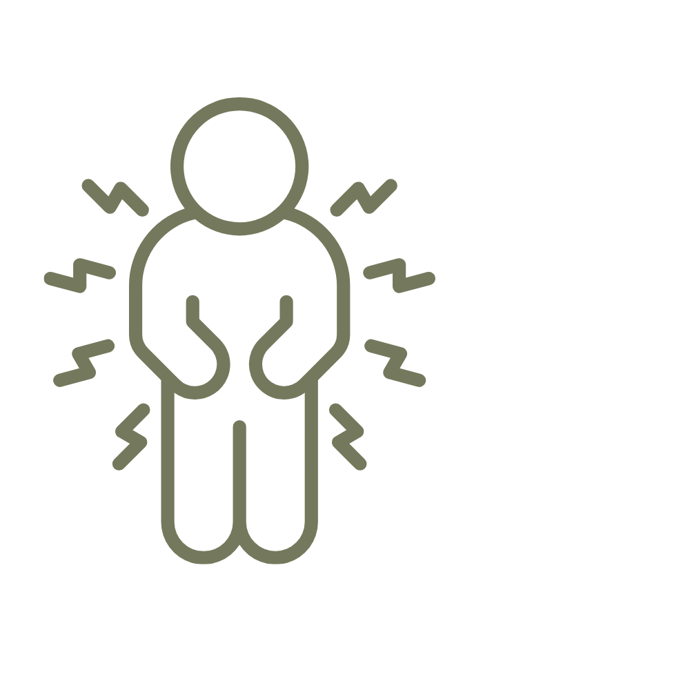 Line drawing of a person holding their stomach with visible pain or discomfort, surrounded by zigzag lines indicating pain or cramping.