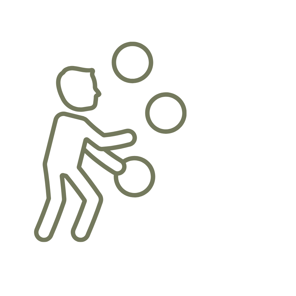 Line drawing of a person juggling three circles.