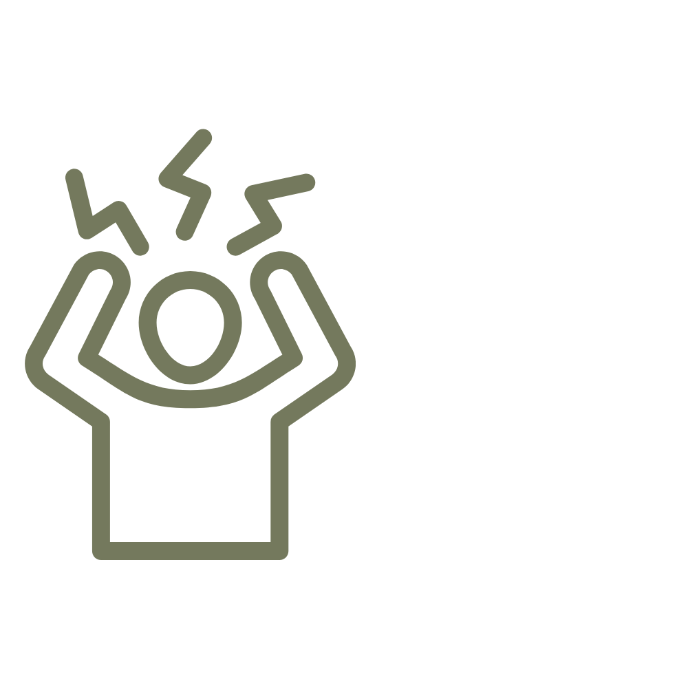 Line drawing of a person holding their head with both hands, appearing stressed or overwhelmed, with zigzag lines above to indicate pain or distress.