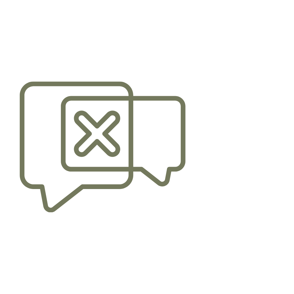 Line drawing of two chat bubbles, one with a check mark and the other with an X, indicating disagreement or rejection.
