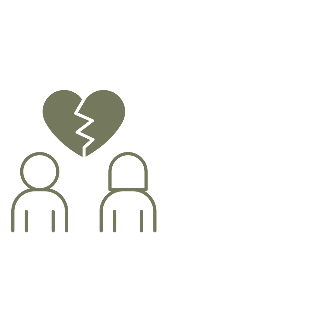Illustration of a man and woman standing apart with a broken heart symbol above them, representing heartbreak or emotional distress.