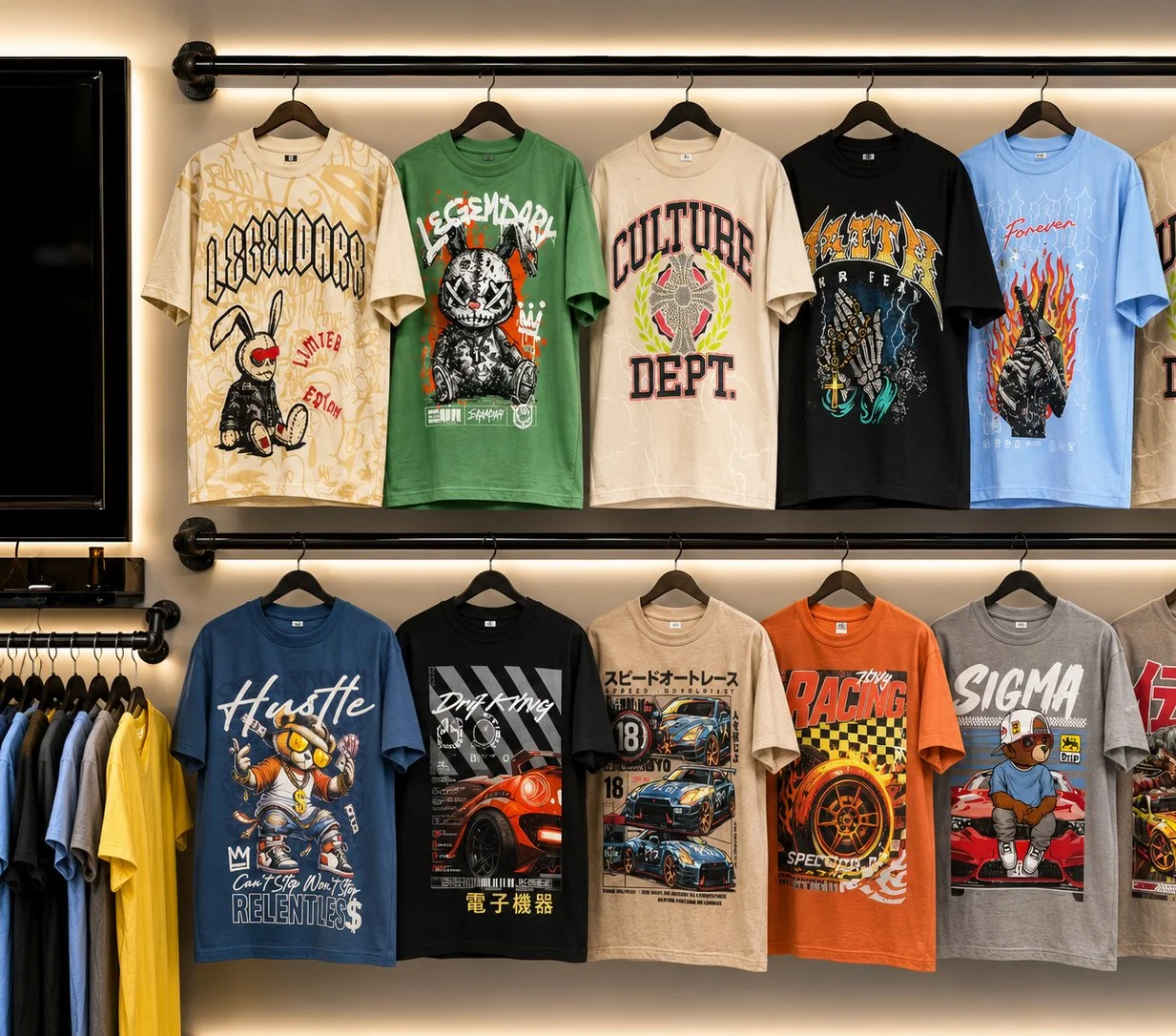 Various graphic t-shirts hanging on display in a store, featuring designs with animals, cars, and text, arranged on two rows.
