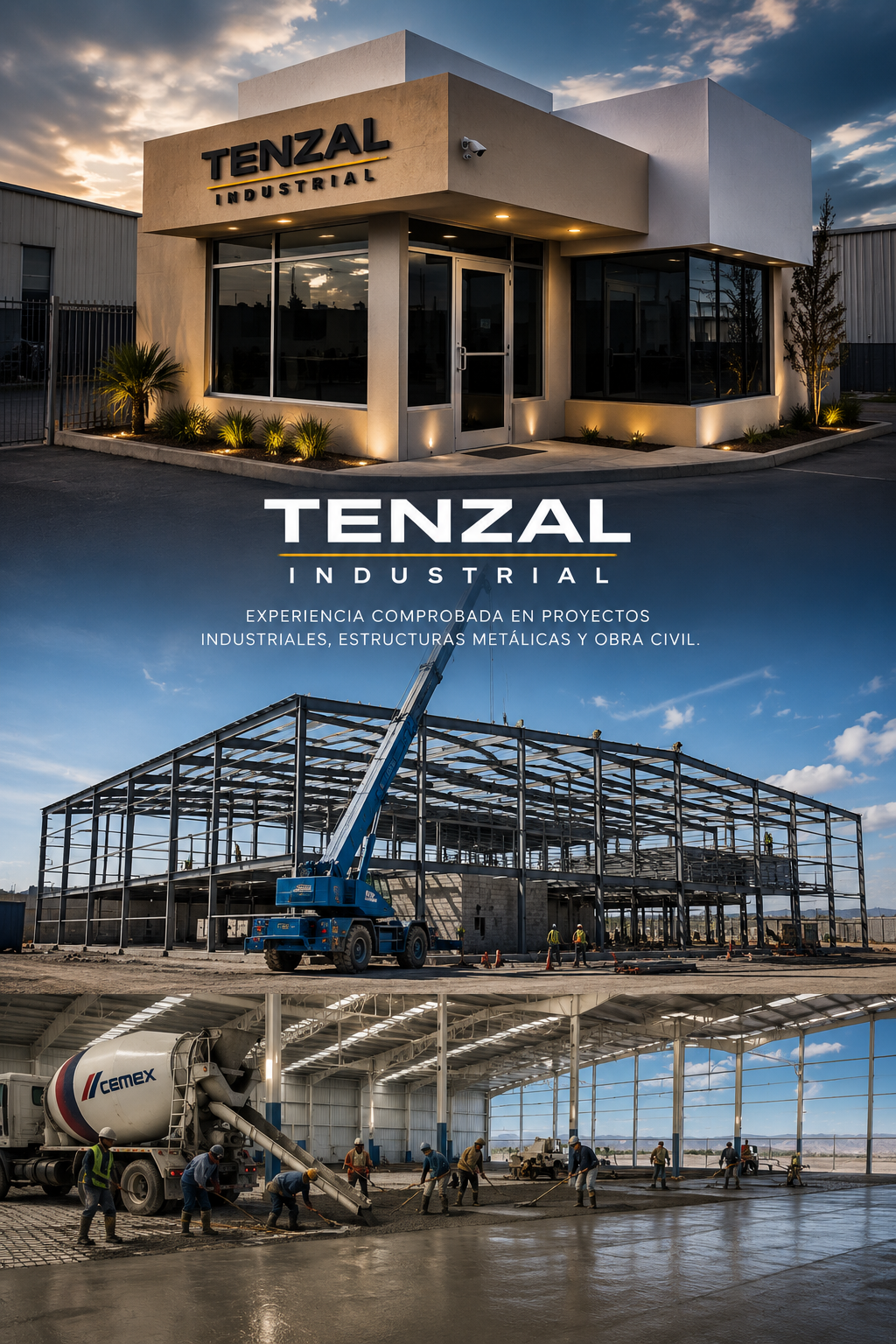Tres imágenes que muestran diferentes etapas de construcción empresarial. La primera imagen muestra una oficina moderna y bien iluminada con el cartel 'Tenzal Industrial' en la fachada exterior. La segunda imagen presenta la estructura metálica de un edificio en construcción con un grúa y trabajadores en la obra. La tercera imagen muestra una planta en construcción con trabajadores aplicando concreto, rodeada de grandes ventanales y maquinaria de cemento.