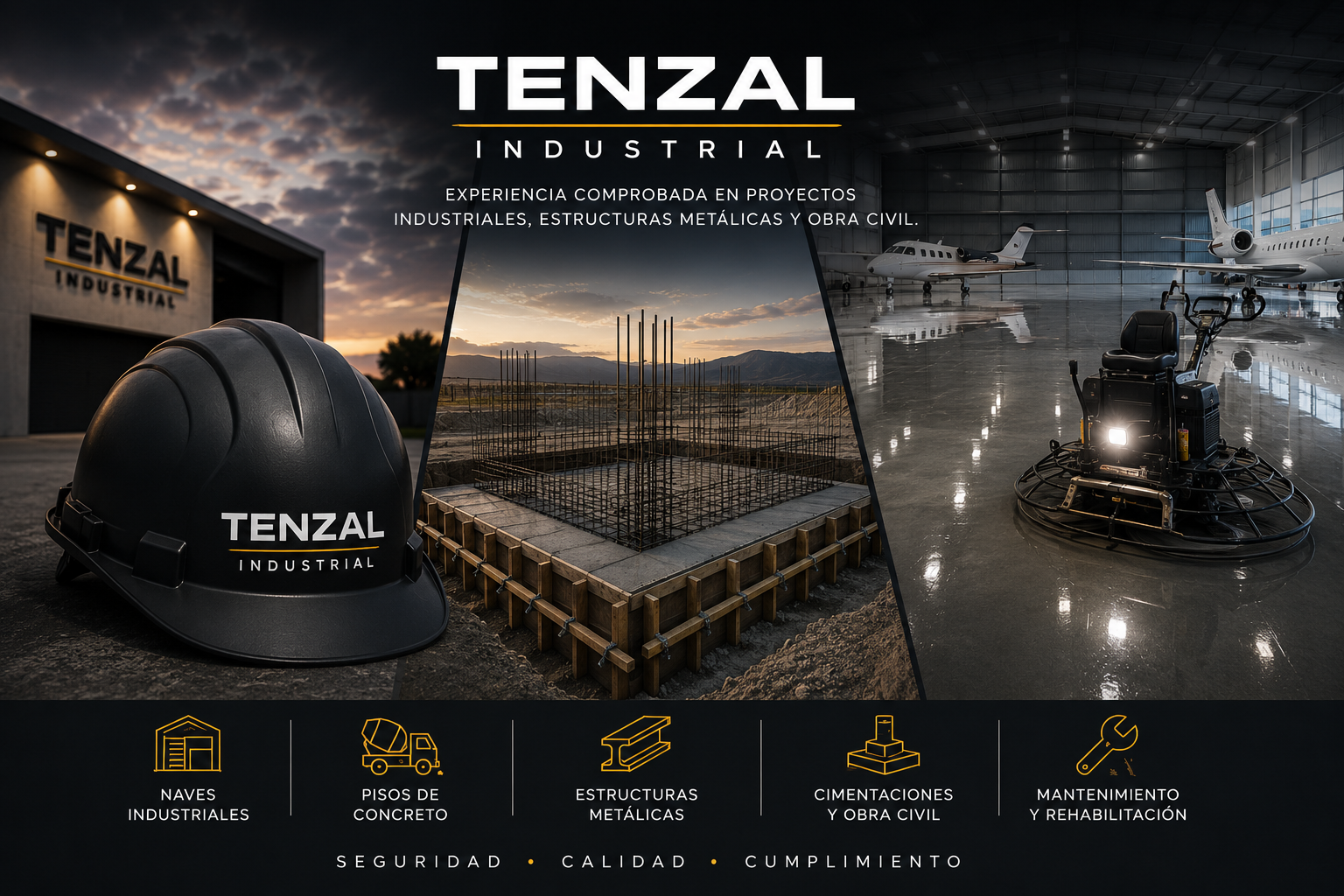 Publicidad de Tenzal Industrial mostrando proyectos y productos, incluyendo casco de protección, estructura metálica en construcción y un hangar con aviones y equipo de limpieza y mantenimiento de aire.