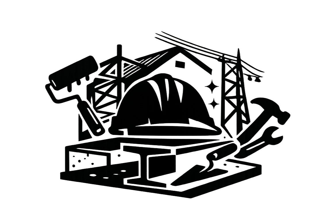 Ilustración lineal de herramientas y equipos de construcción, incluyendo un casco, una brocha, una torre de electricidad y un martillo.