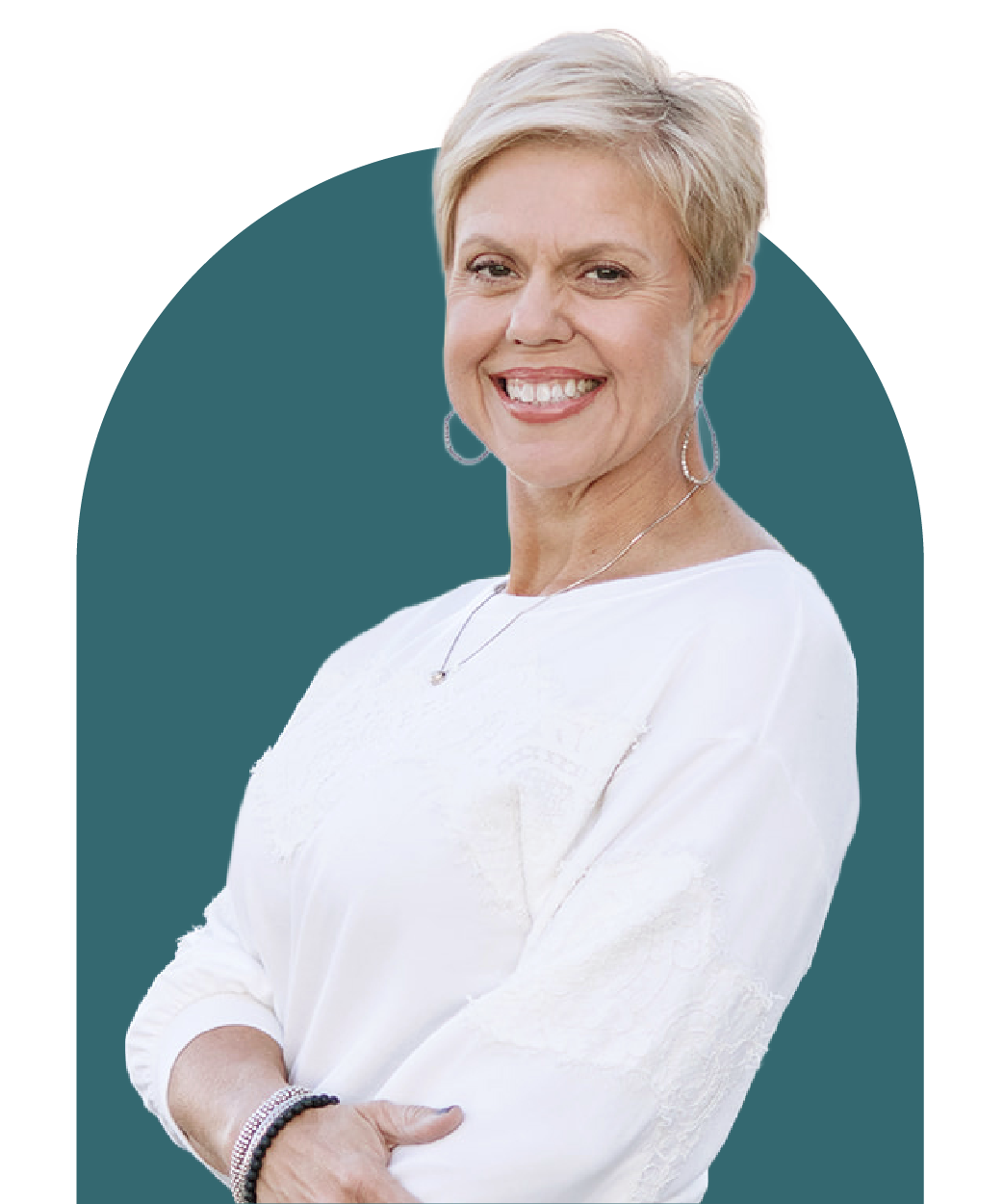 Kim Cates, a certified professional stress and motivational coach, smiling with short blonde hair, wearing a white blouse, hoop earrings, a necklace, and bracelets, standing in front of a blue background with a curved black shape.