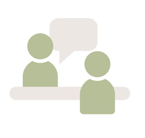 Two simplified human figures sitting at a desk with a speech bubble indicating conversation, one on one in person or virtual sessions with Kim Cates Coaching in Paducah, Kentucky.