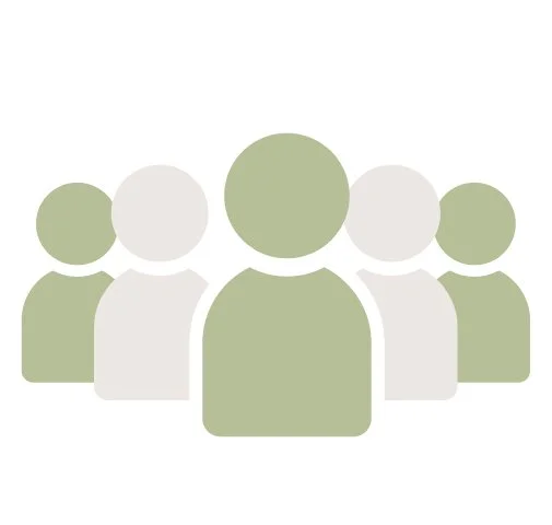 Minimalist icons of six overlapping human figures in shades of green and white, motivational group business or organization sessions with Kim Cates Coaching in Paducah, Kentucky