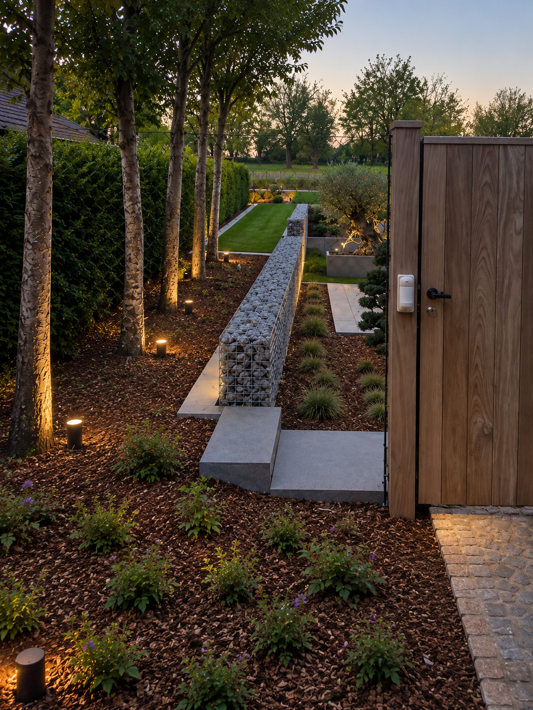 Tuin in Galmaarden met beplanting, natuurlijke materialen en warme verlichting