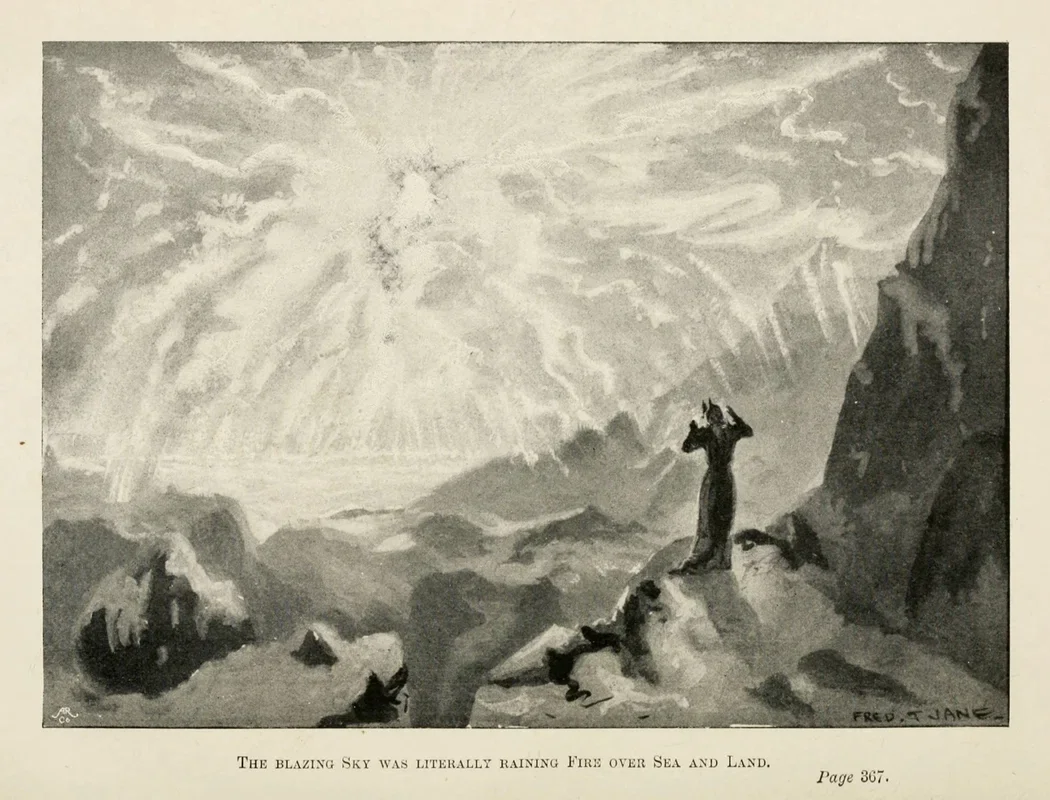 A black and white painting depicts a dramatic sky with blazing, fiery clouds and streaks of light, with a figure standing on a rocky ledge, overlooking a mountainous landscape and dark waters.