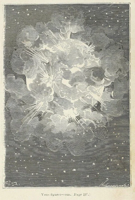 Black and white illustration of an explosion with clouds of smoke and bright flashes, set against a starry night sky.