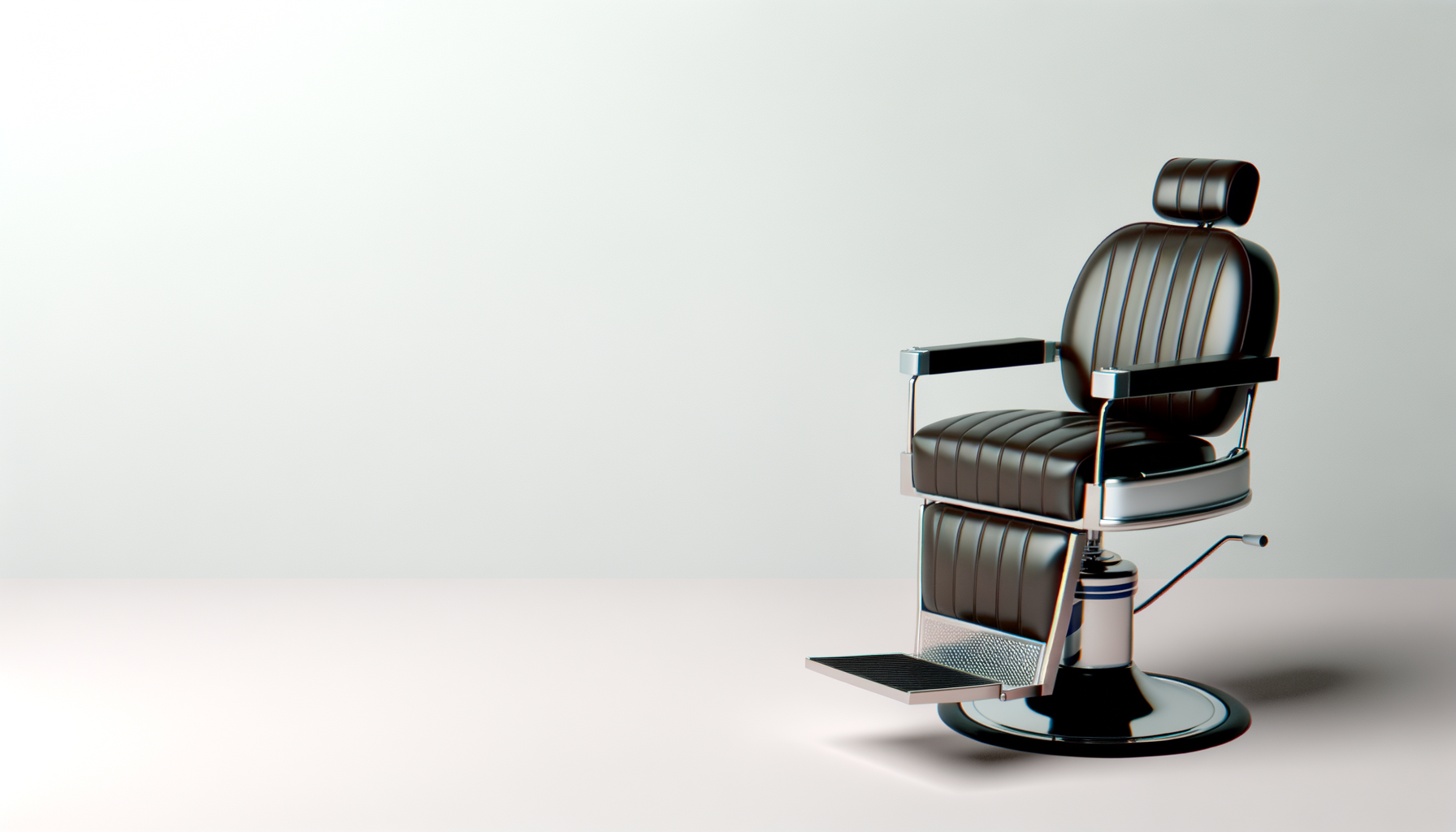 A vintage black leather barber chair with chrome accents, armrests, and a footrest, positioned against a plain light background.