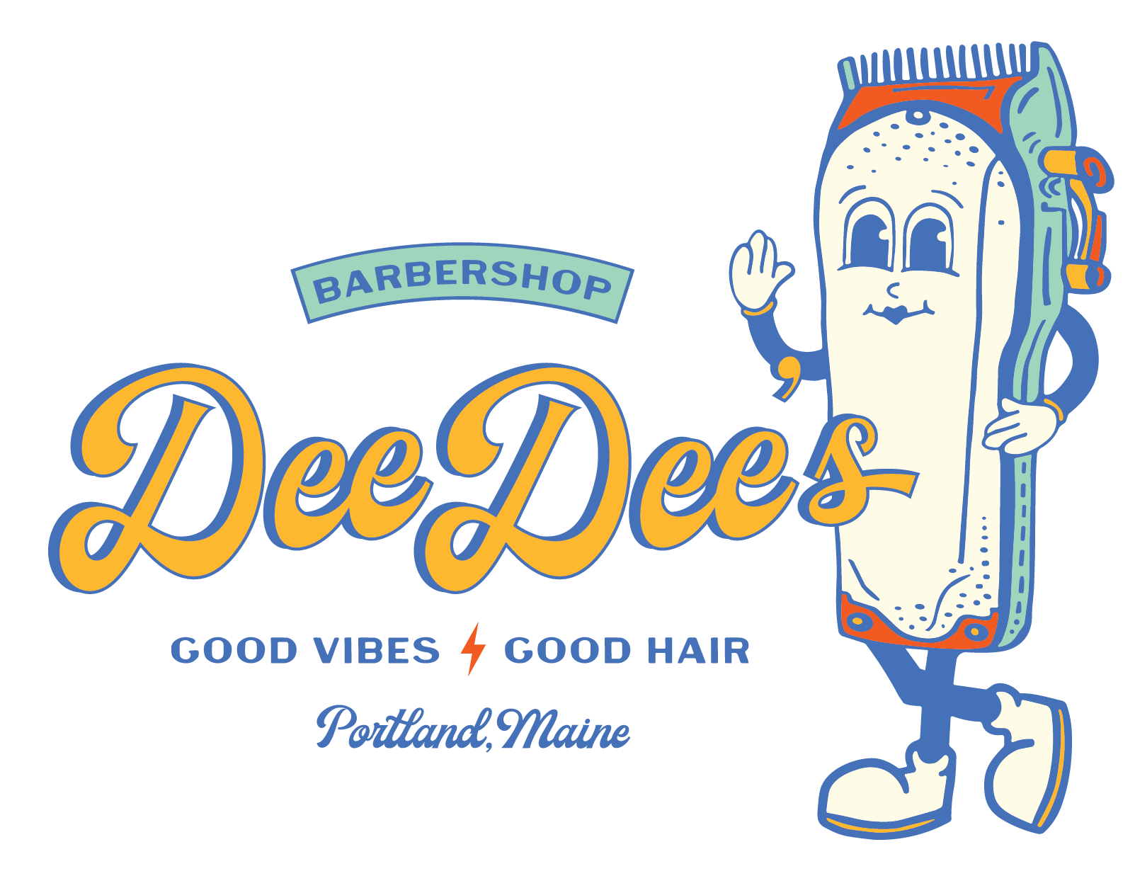 A logo for Dee Dee's Barbershop in Portland, Maine, featuring a cartoon razor character giving a peace sign, with the tagline "Good Vibes, Good Hair."