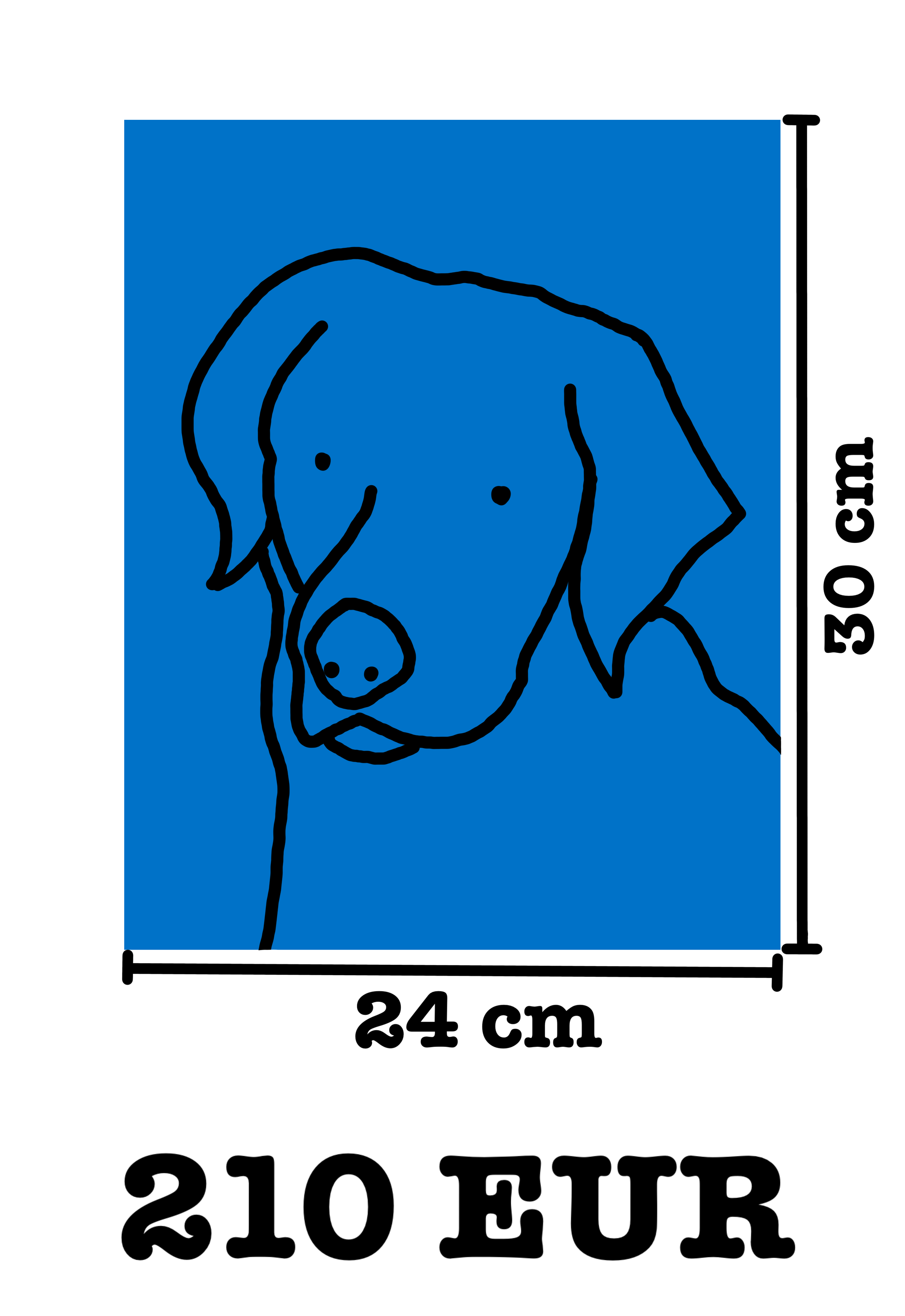 Skizze eines Hundes auf blauer Hintergrund mit Abmessungen 24 cm Breite und 30 cm Höhe, mit Preisangabe 210 EUR
