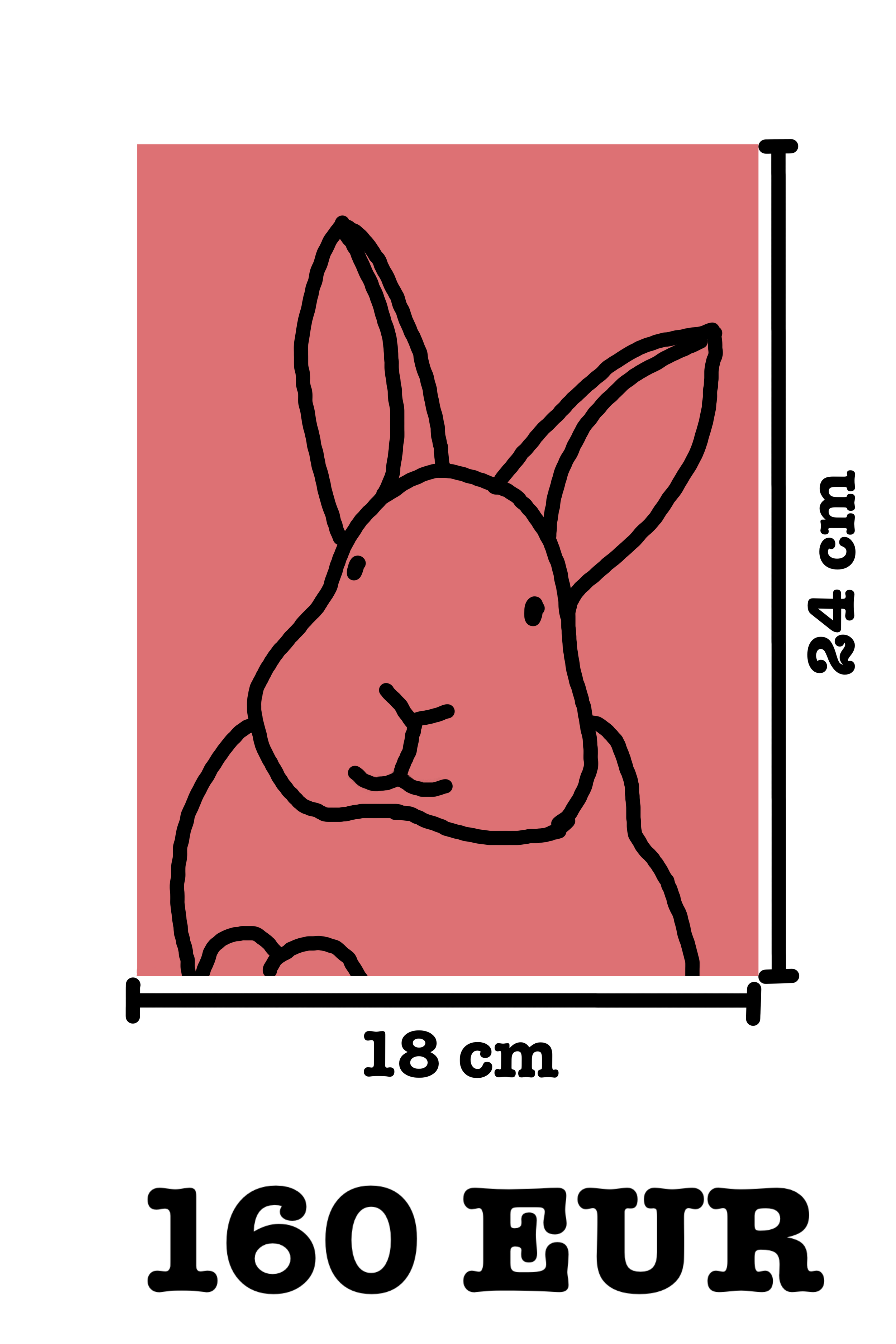 Eine stilisierte Zeichnung eines Hasen mit langen Ohren, vor einem rosa Hintergrund. Maße 18 cm Breite und 24 cm Höhe. Der Text darunter lautet '160 EUR'.