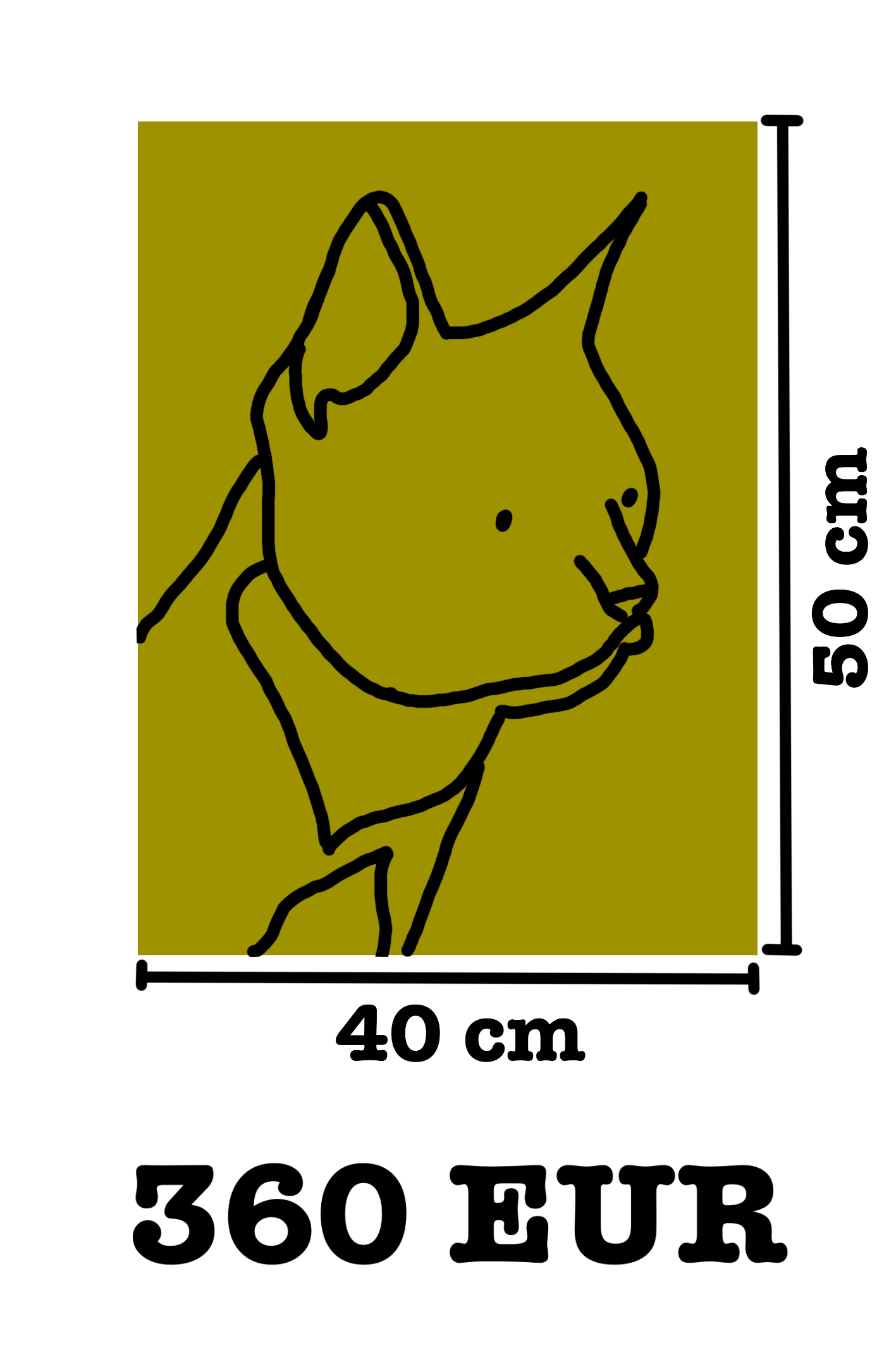 Schild mit einem 3D-Drucker-Logo und den Maßen 40 cm Breite, 50 cm Höhe, mit der Aufschrift '360° EUR' und 'zum Futter' auf einem gelben Hintergrund.