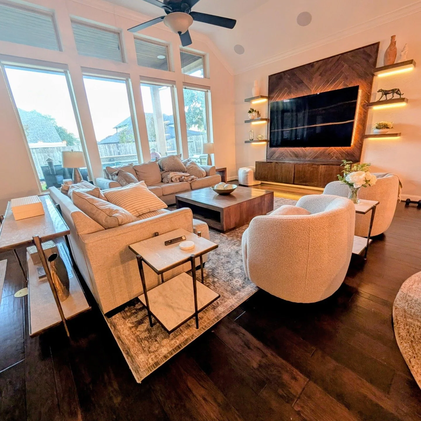 ✨Cozy elegance meets modern 
comfort ✨
 
 We are loving the warm wood tones, soft neutrals, and that golden glow from the led lighting of the shelves of this Custom Cabinet ! 🥰

 CTS was able to take the clients Chat GPT rendering and bring it to re