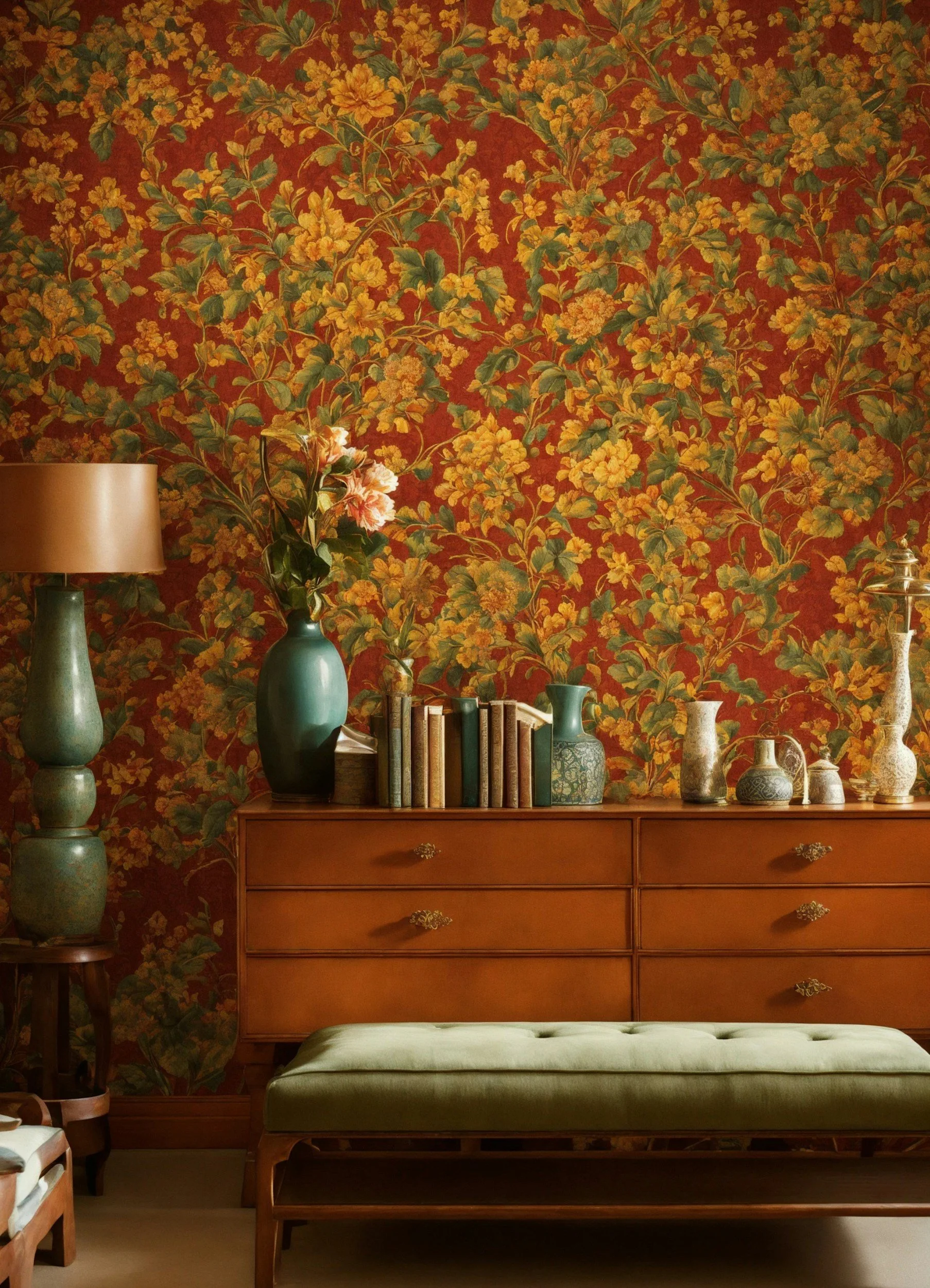 Vintage wooden dresser with jewelry drawers, green upholstered bench, green vases, books, and decorative objects against a floral wallpaper background.