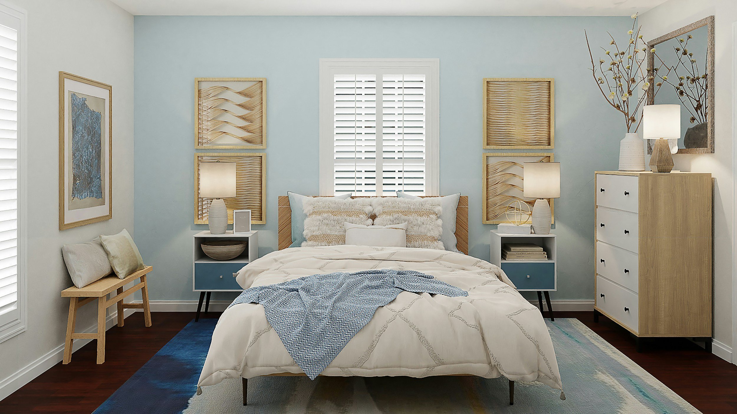 A bedroom with a bed, two nightstands with lamps, a dresser, decorative wall art, a chair with pillows, a window with white shutters, and a blue and white color scheme.