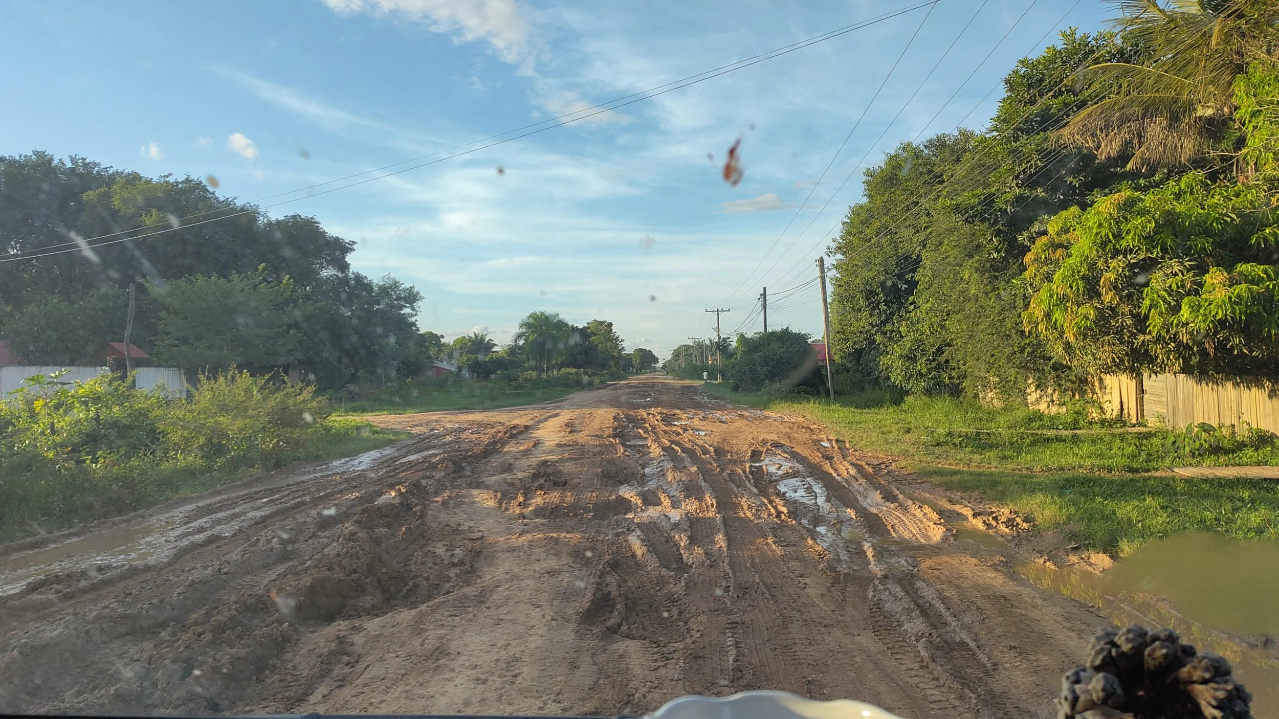 Schmutzige, unbefestigte, schlammige Straße in einer ländlichen Gegend, umgeben von Bäumen und Stromleitungen, bei schönem Wetter.