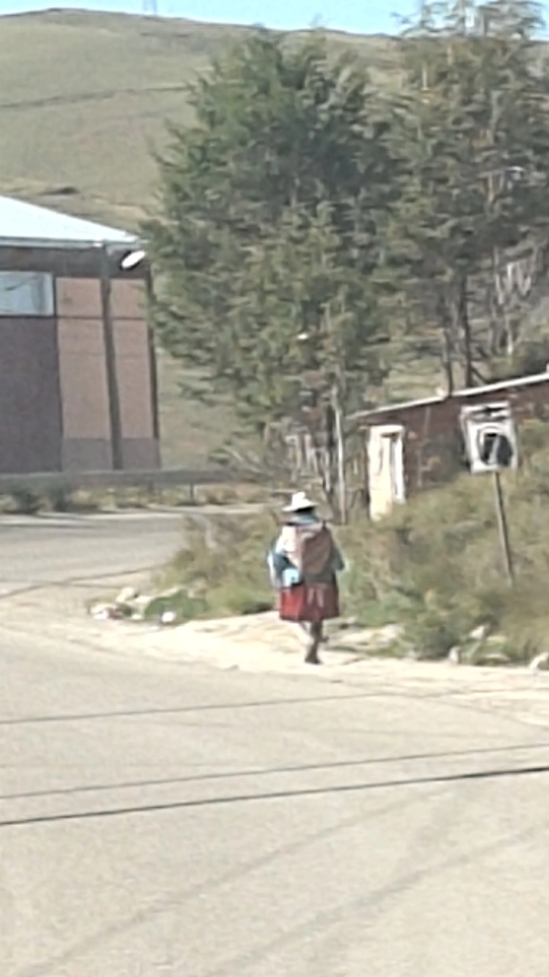 Eine Person mit traditioneller Kleidung und Hut trägt einen Korb auf dem Rücken und läuft auf einem Weg in einer ländlichen Gegend, im Hintergrund sind Häuser, Bäume und Hügel sichtbar.