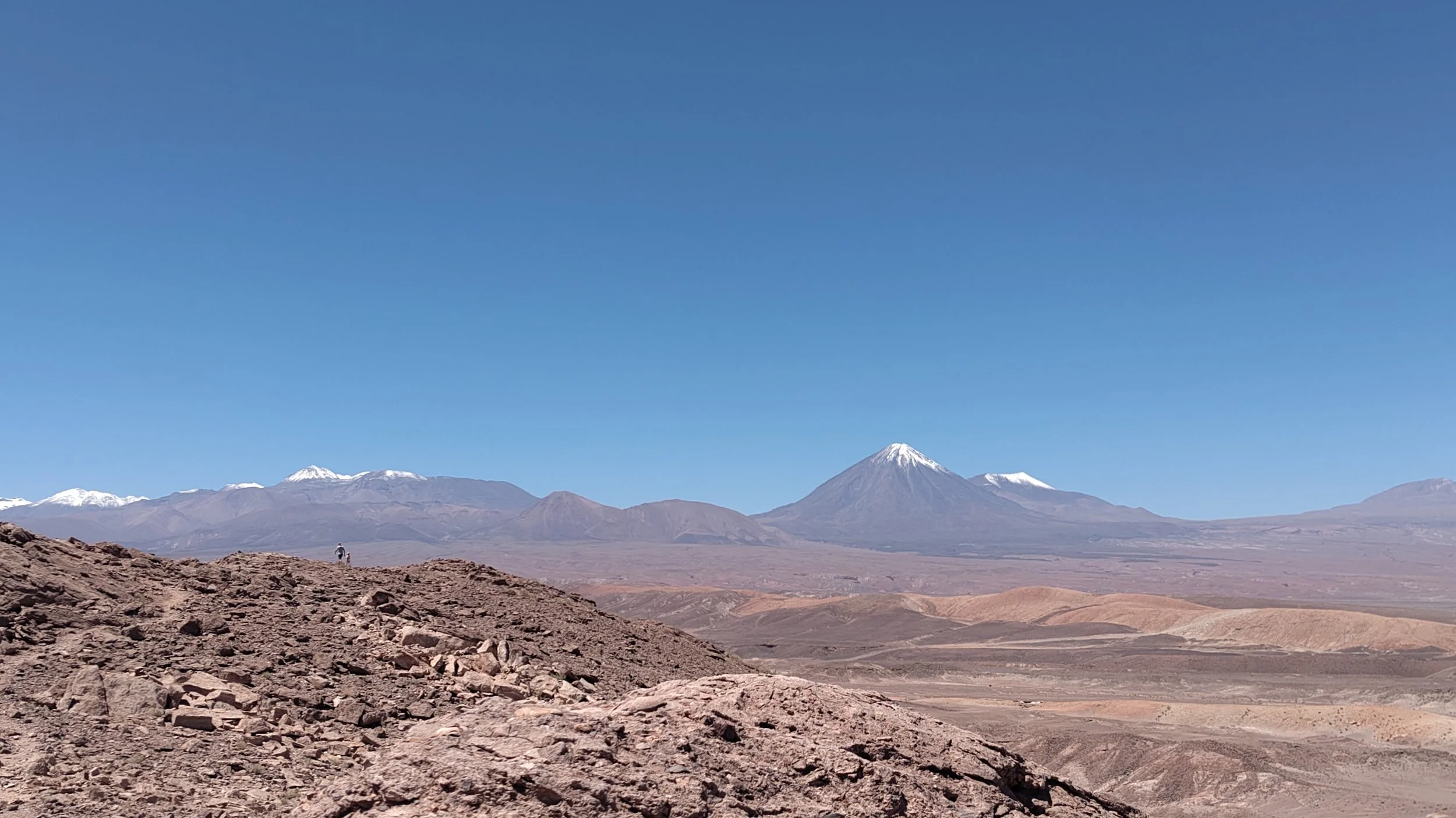 Blick auf eine bergige Landschaft mit schneebedecktem Vulkan im Hintergrund, trockene Erde im Vordergrund, blauer Himmel.