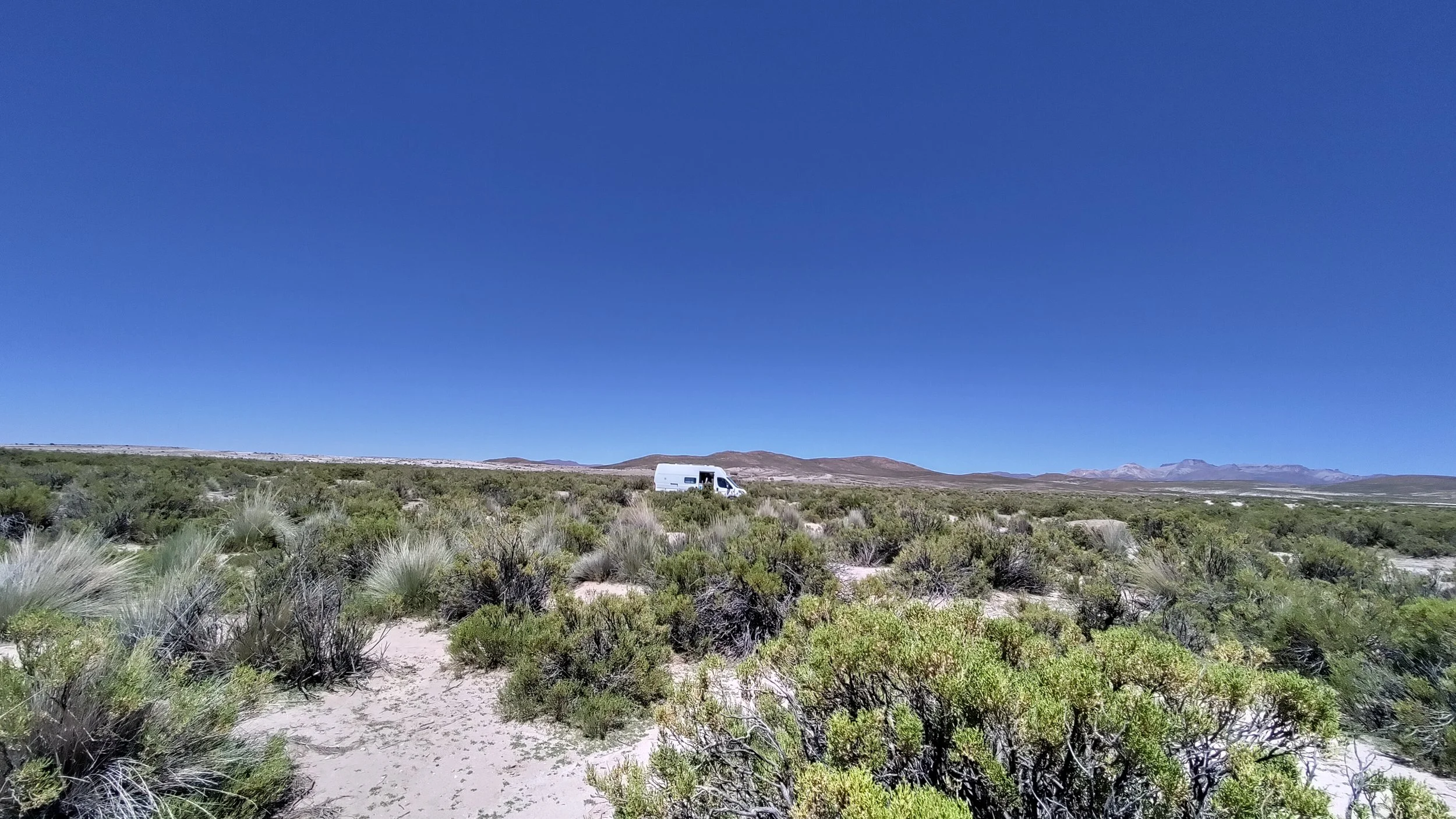 Ein Wohnmobil steht in einer kargen, offenen Wüstenlandschaft mit niedrigen Sträuchern und Bergen im Hintergrund unter einem klaren blauen Himmel.