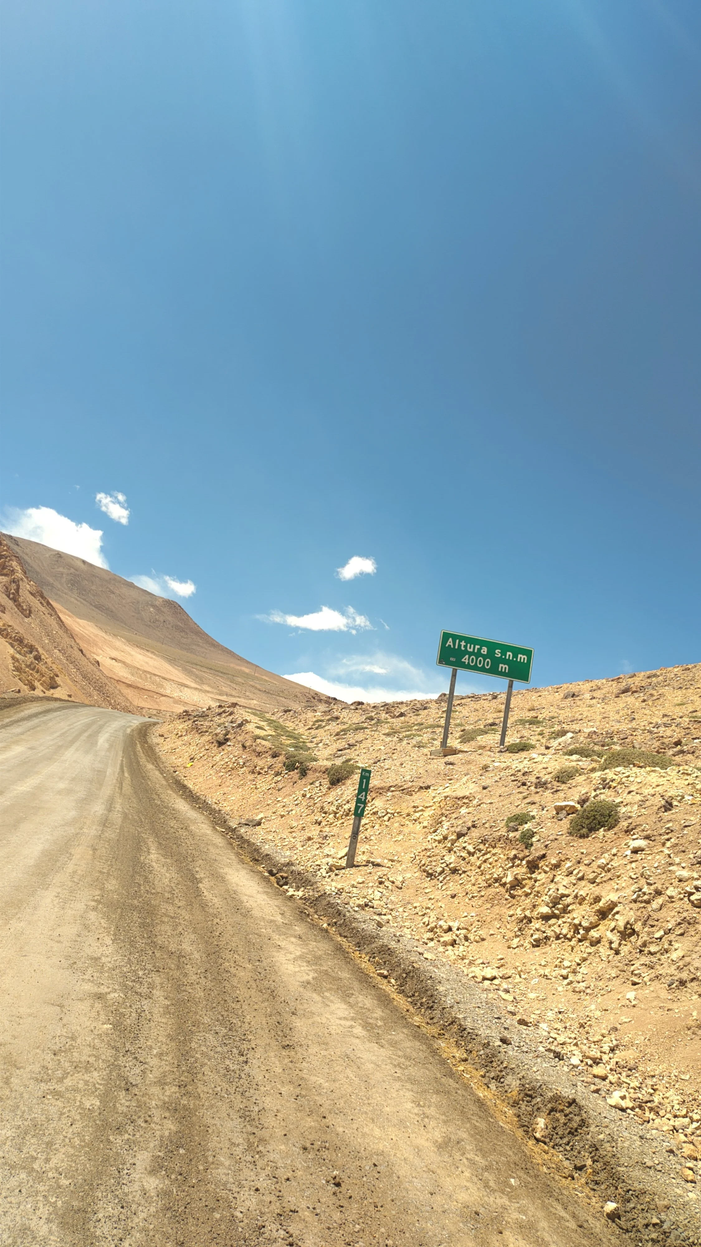 Eine unbefestigte Straße in einer gebirgigen Wüstenlandschaft mit Höhenmeter- und Kilometer-Schildern.