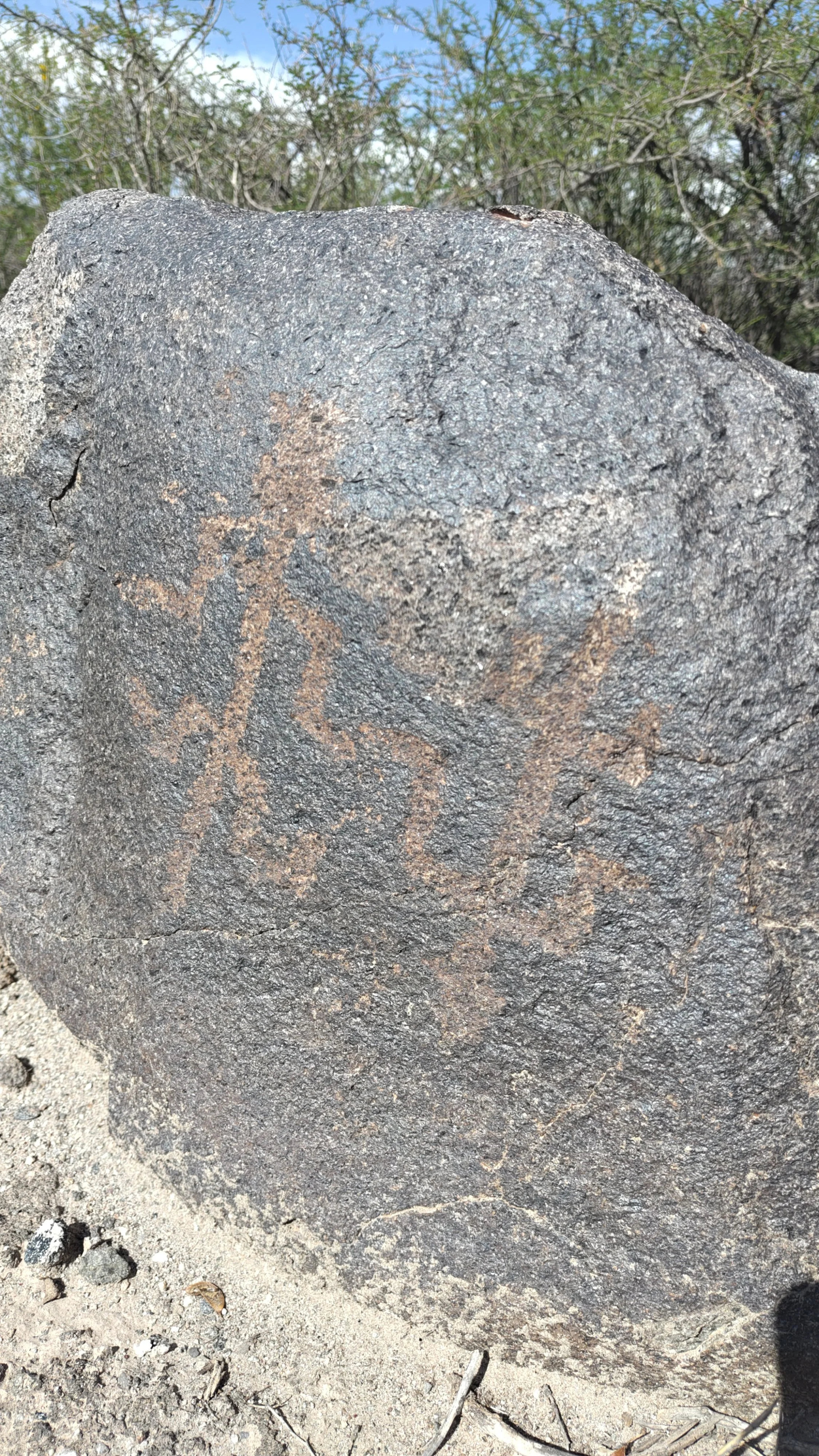Ein großer dunkler Stein mit eingravierten Linien und Zeichen, liegt auf trockener Erde, im Hintergrund sind Büsche und ein blauer Himmel sichtbar.