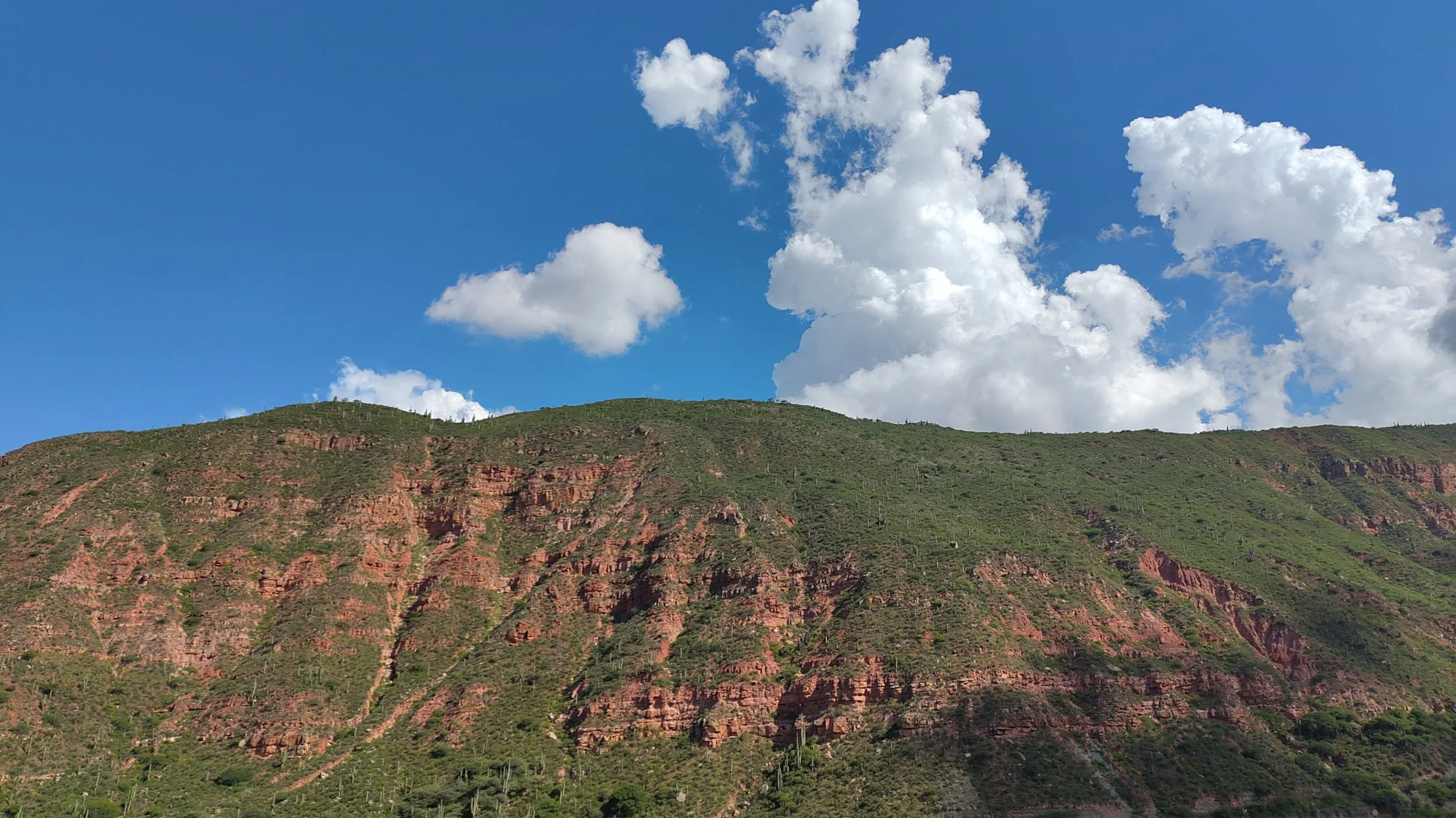 Hügel mit grüner Vegetation und roten Felsen, blauer Himmel mit weißen Wolken.