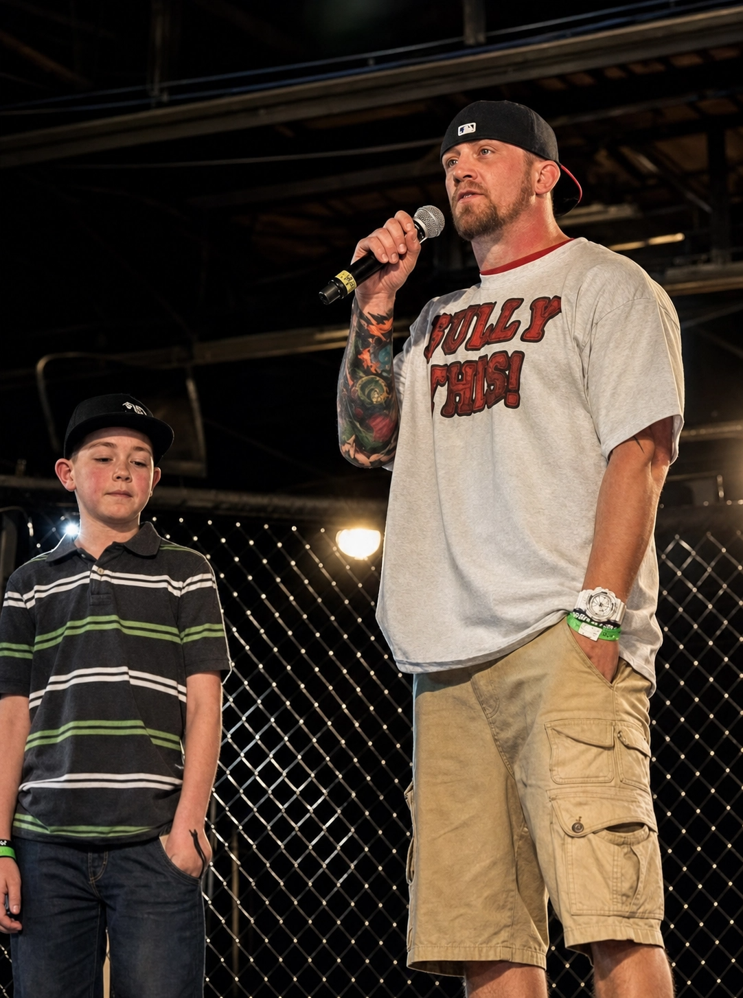 A man with tattoos and a baseball cap worn backwards holding a microphone stands on stage next to a young boy with a black cap, both in front of a chain-link fence backdrop.