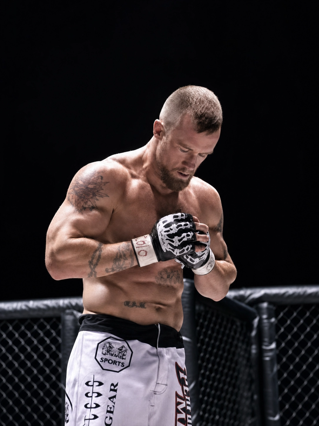 A shirtless male mixed martial arts fighter with tattoos and gloves, standing inside an octagon cage, looking downward with hands clasped in front of him.